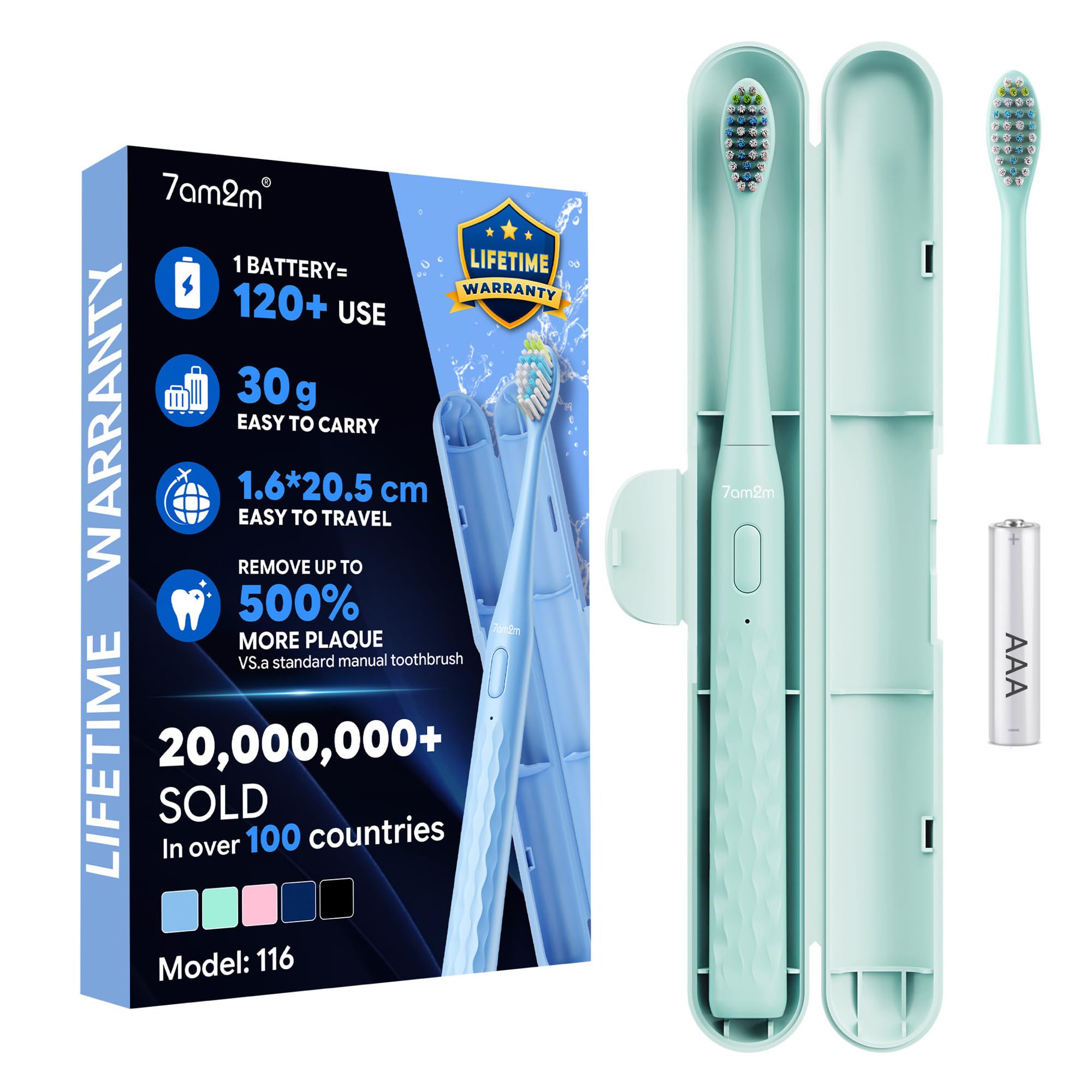 7AM2M Sonic Travel Electric Toothbrush for Adults &amp; Kids, Travel Case&amp;2 Brush Heads, Battery Powered Sonic Toothbrush, Compact Design for Daily/Travel Use-Green