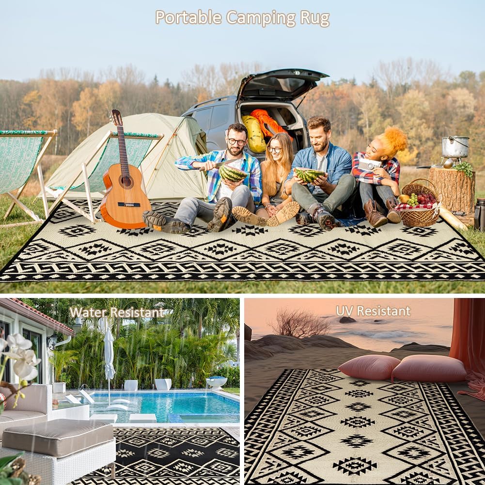 LILIOFFIC Outdoor Rug Waterproof 5x8 ft Outdoor Carpet Patio Rug Mat Reversible RV Camping Rug Plastic Straw Rug Outside Outdoor Area Rug for Patio Deck Balcony Backyard Picnic Beach Black & Beige
