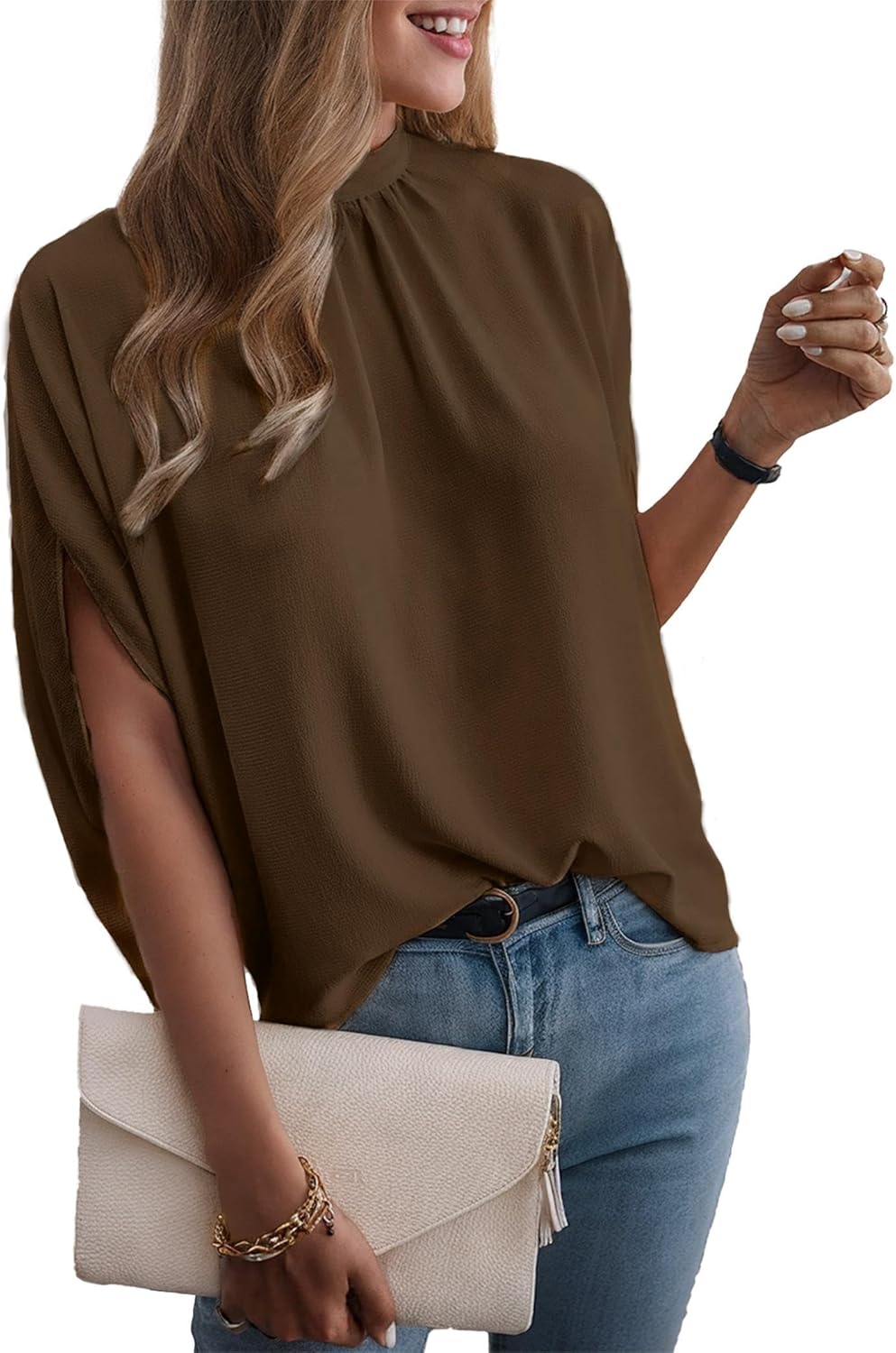 Womens Blouses Dressy Casual Mock Neck Batwing Sleeve Tops Loose Fit Tie Back Summer Tunic Tops