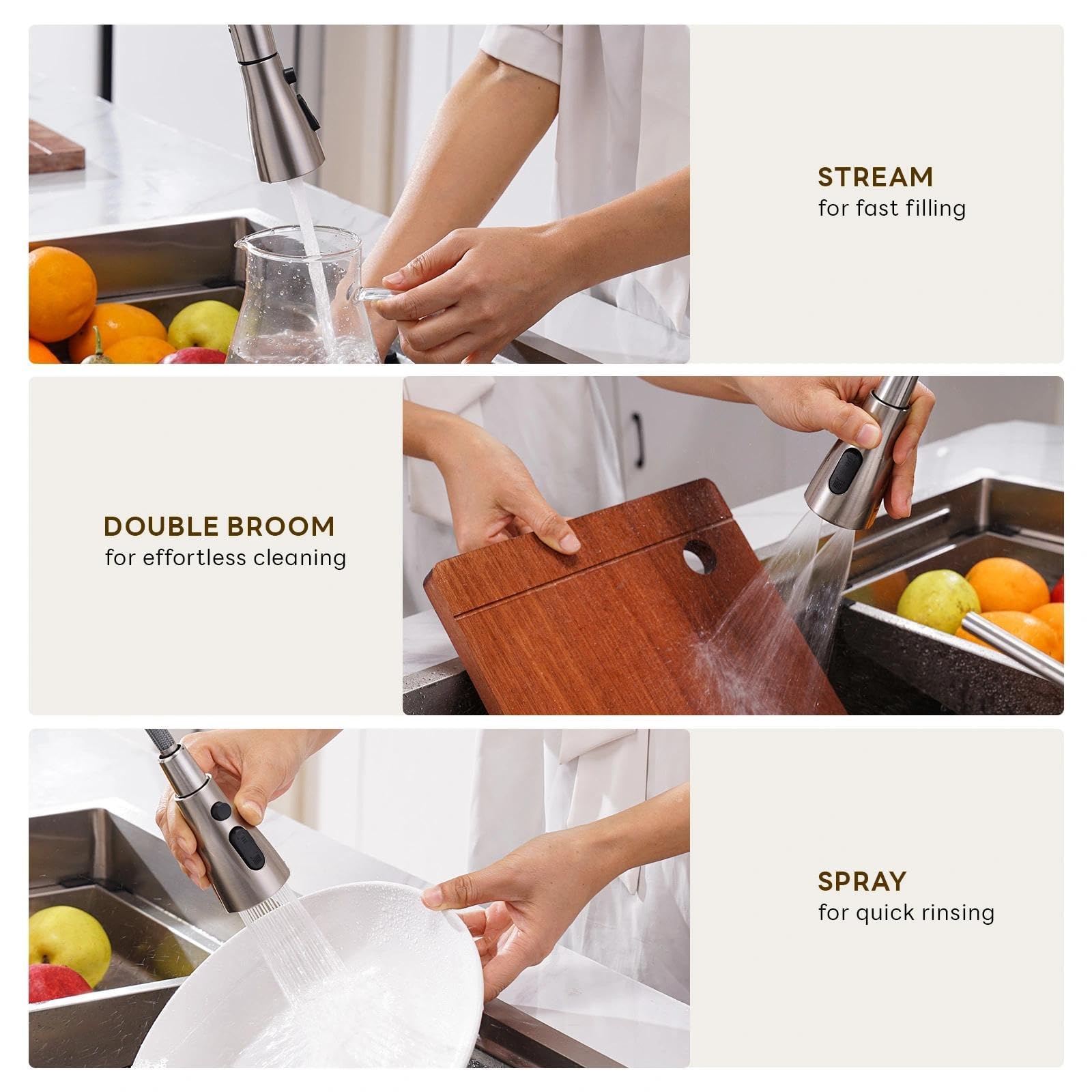 APPASO Rubinetto da cucina a 2 fori, rubinetto da cucina in acciaio inox con spruzzatore estraibile 3 modalità, nichel spazzolato ad arco alto, rubinetto moderno per lavello da cucina con maniglia