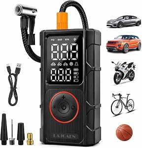 Tire Inflator Portable Air Compressor, 150 PSI Cordless Portable Air Pump with Digital Tire Pressure Gauge, for Car, Motorcycle, Bicycle, Ball, Car Accessories with LED Light, Black