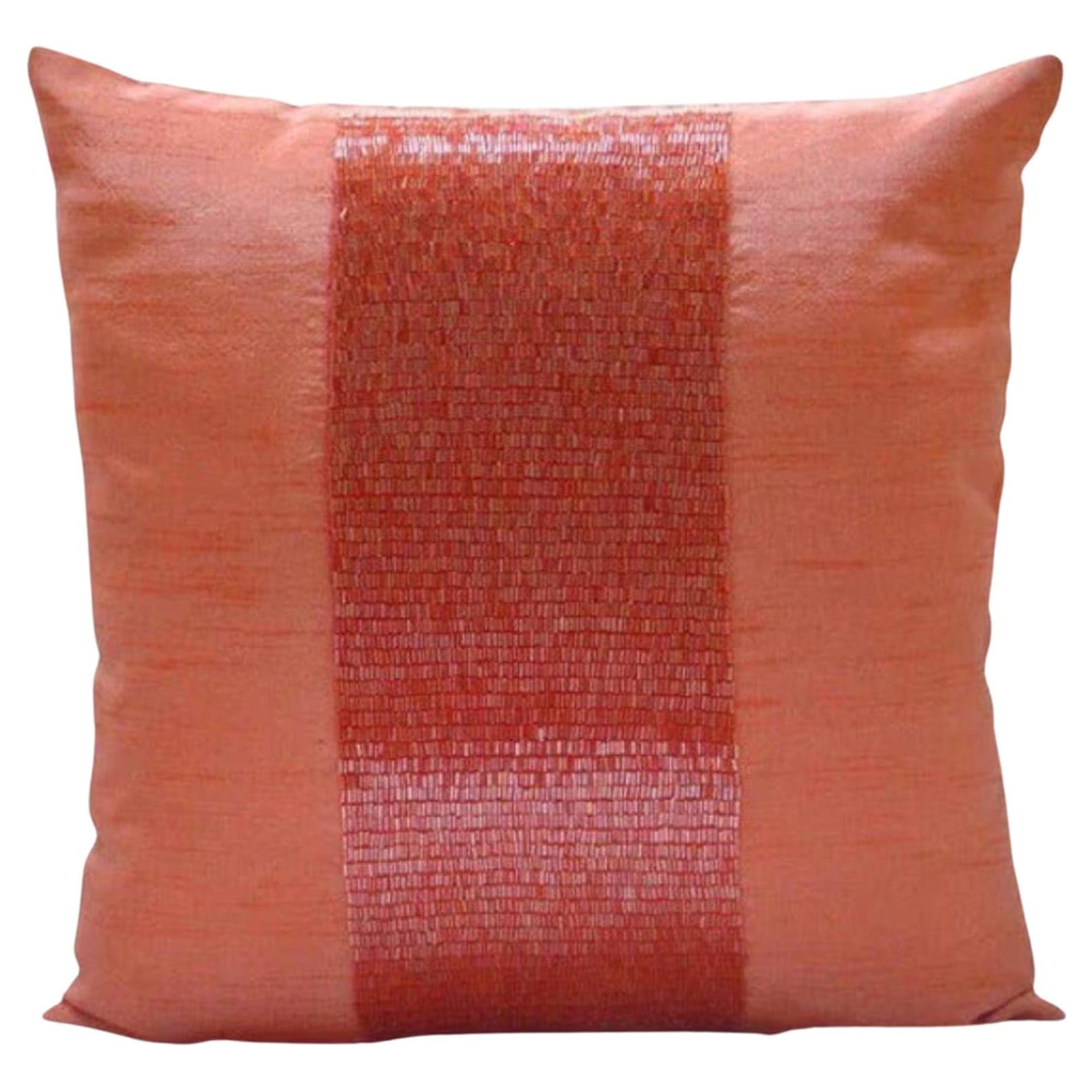 The HomeCentric Orange Cushions Cover, Beaded Centered Throw Cushion Covers 50x50 cm (20x20 inch), Solid Contemporary Cushions Cover, Square Silk Cushions Cover, Solid Color - Peachy Orange โ image 1