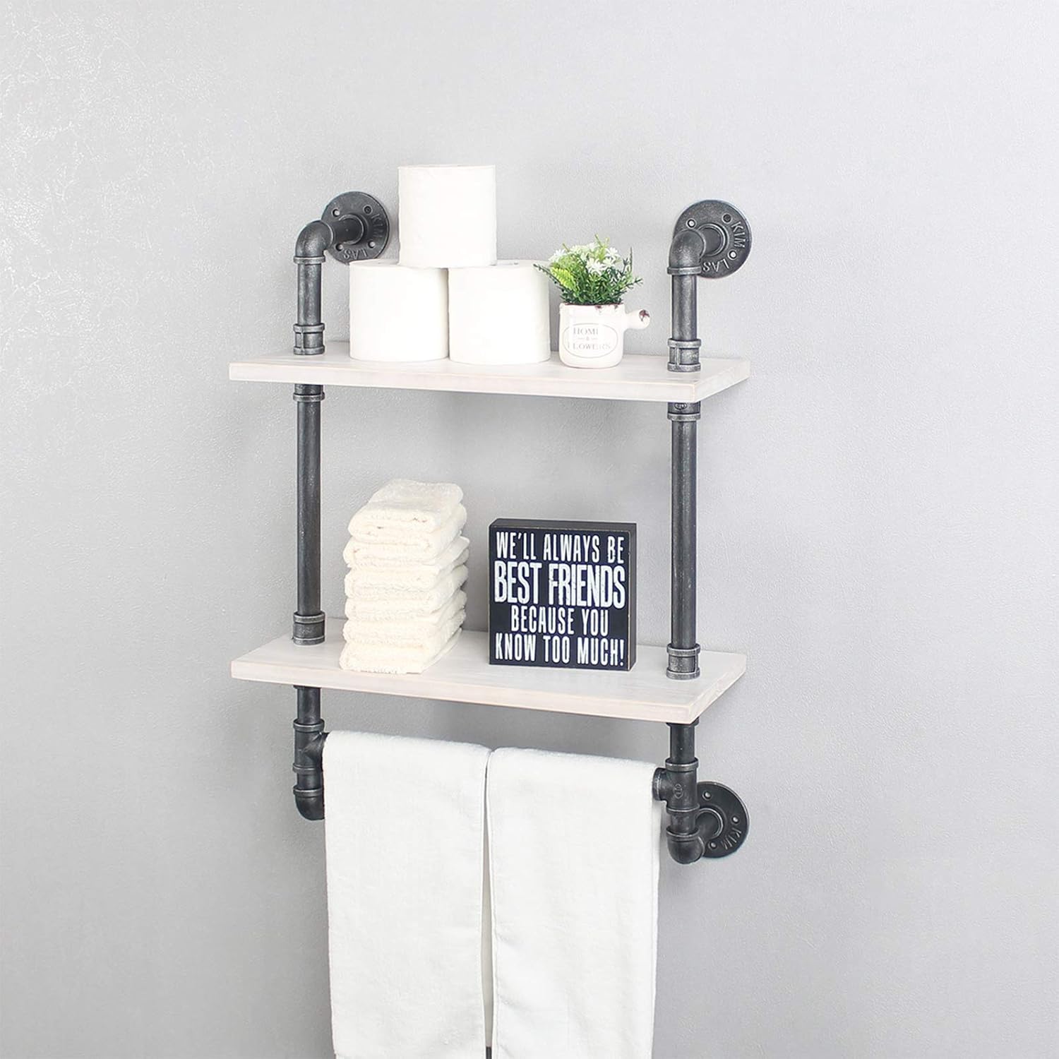 60% Off Discount Industrial Bathroom Shelves Wall Mounted,19.7in Rustic 2 Layer Bathroom Shelf with Towel Bar,Metal Pipe Storage Wall Shelf for Kitchen,Floating Shelves,Bathroom Shelves Over Toilet,Retro White