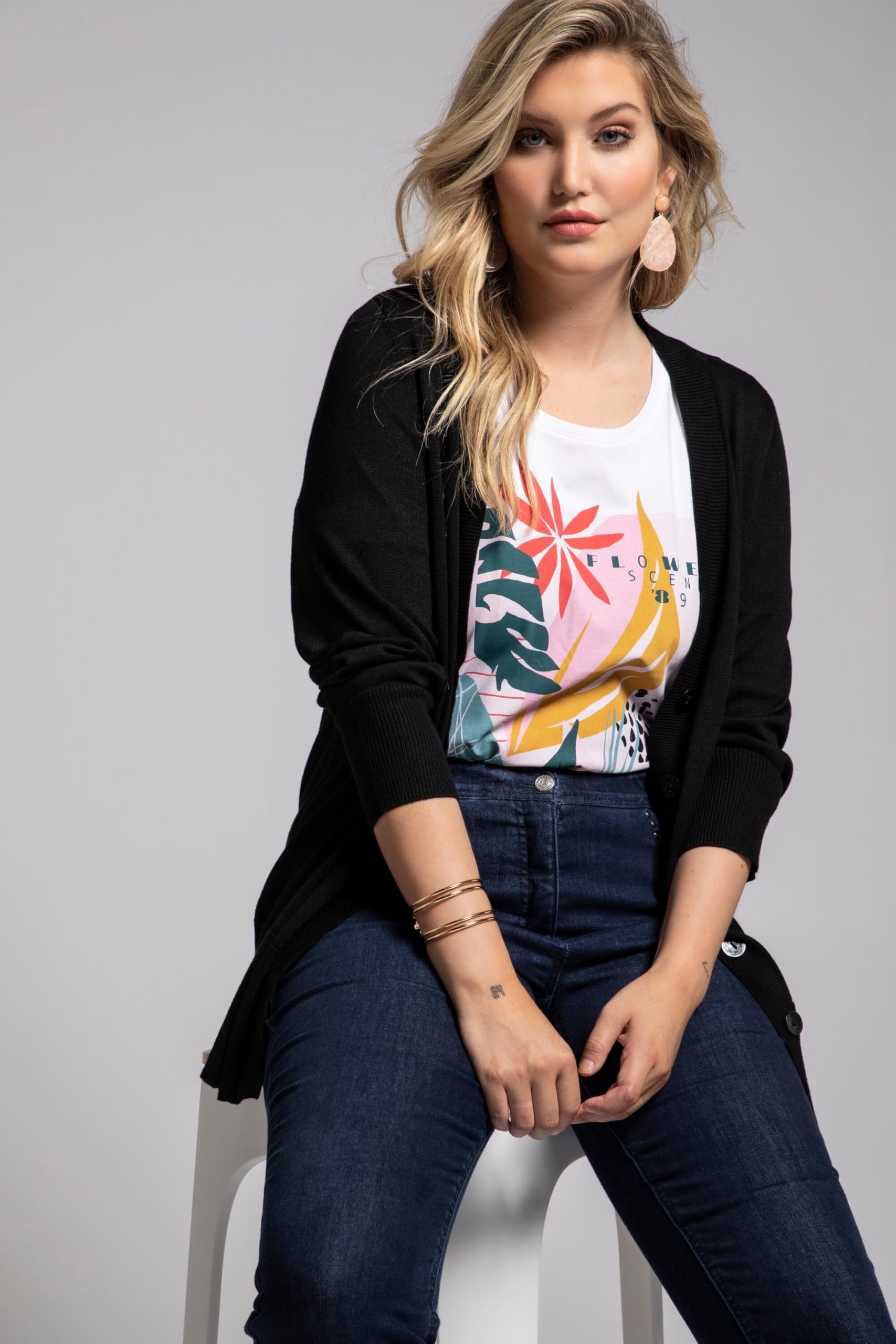 Ulla Popken Cardigan in Maglia fine con Scollatura a V e abbottonatura 791605