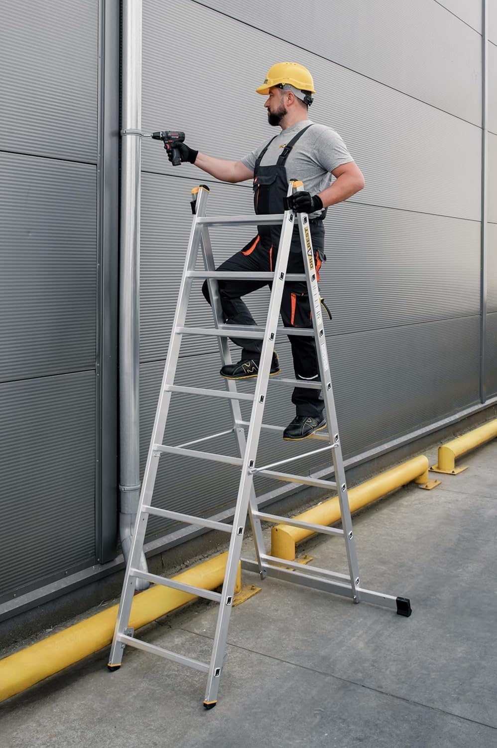 DRABEST Escalera de Aluminio Pro 3en1 - Andamio, Plegable, Multiusos con Plataforma de Trabajo y Gancho para Cubo - Aluminiopara CONSTRUCCIÓN, jardín - 2X 8 peldaños