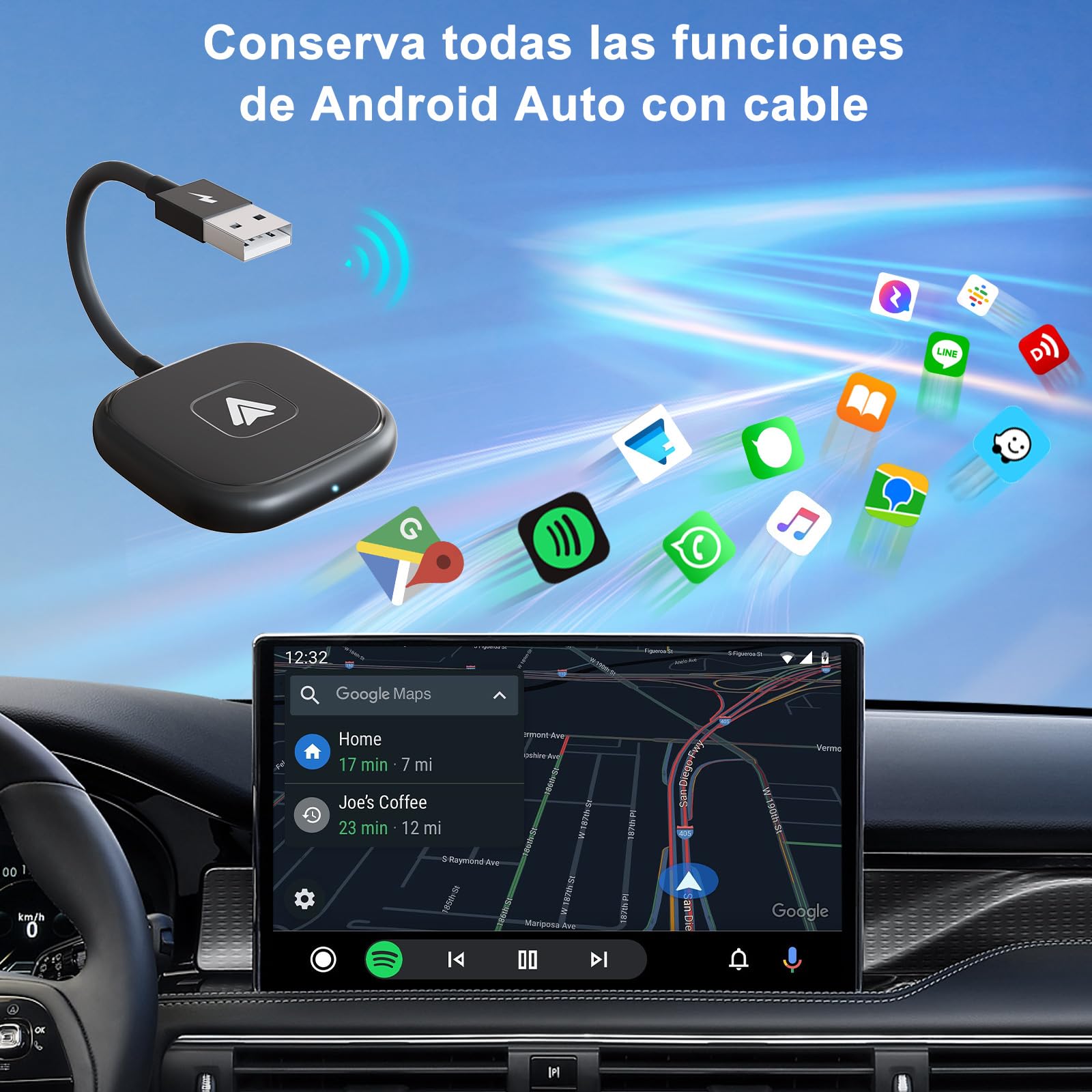 Adaptador Android Auto Inalámbrico, para Vehículos Equipados con Android Auto con Cable, Cambio de Cableado a Inalámbrico, Estable y Rápida, 5.8GHz WiFi de Alta Velocidad, para Android Phone 11.0+