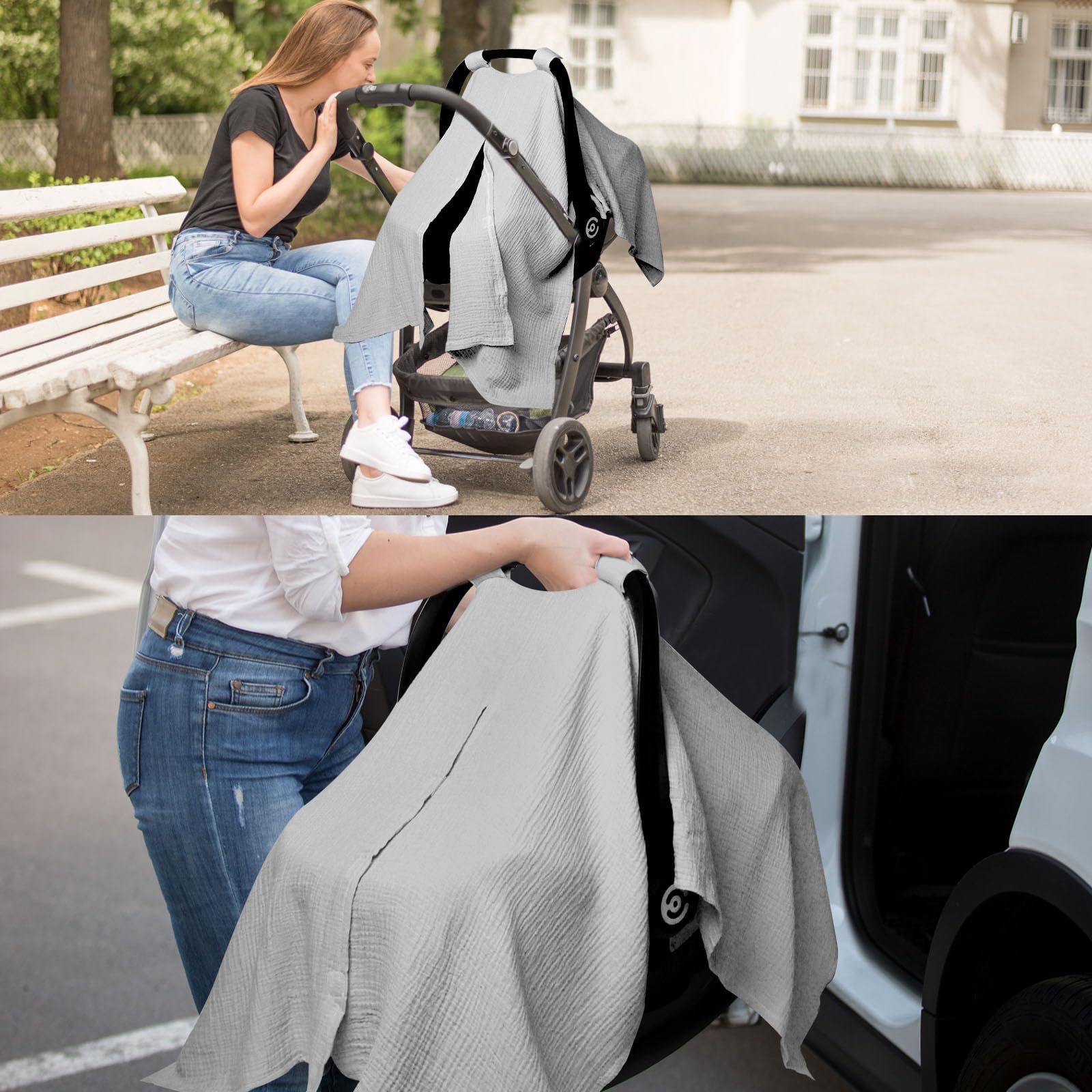 Funda de muselina para asiento de coche para bebés, niños y niñas, color gris claro | Toldo suave y transpirable para asiento de coche, multiuso, funda para portabebés y cubierta de lactancia materna