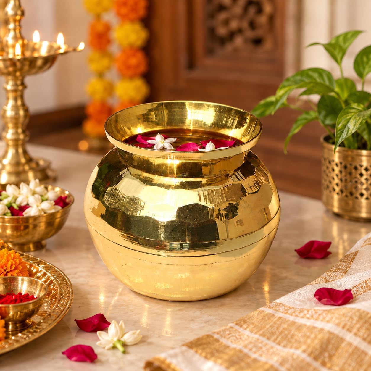 Pure Source India Dimond Cut Brass Lota for Puja | Brass Kalash, 1000ml, 1 Piece (5.5 Inch - Gold)
