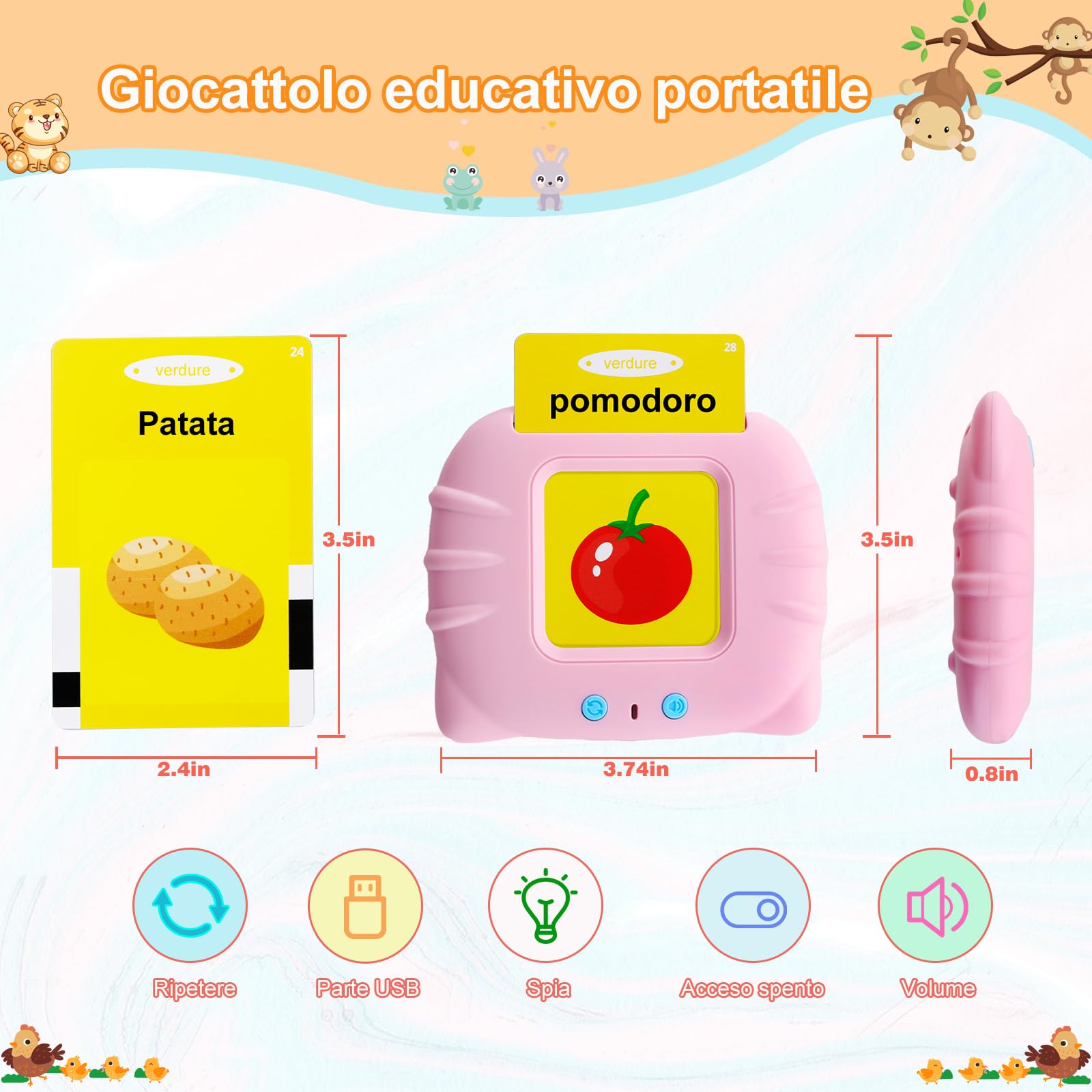 Italiano Standard, Flashcard Giocattoli Educativi per Bambini da 1-6 Anni, 120 Fogli 240 Parole per L'apprendimento Audio, Giocattoli Sensoriali Montessori per La Logopedia Dell'autismo Rosa