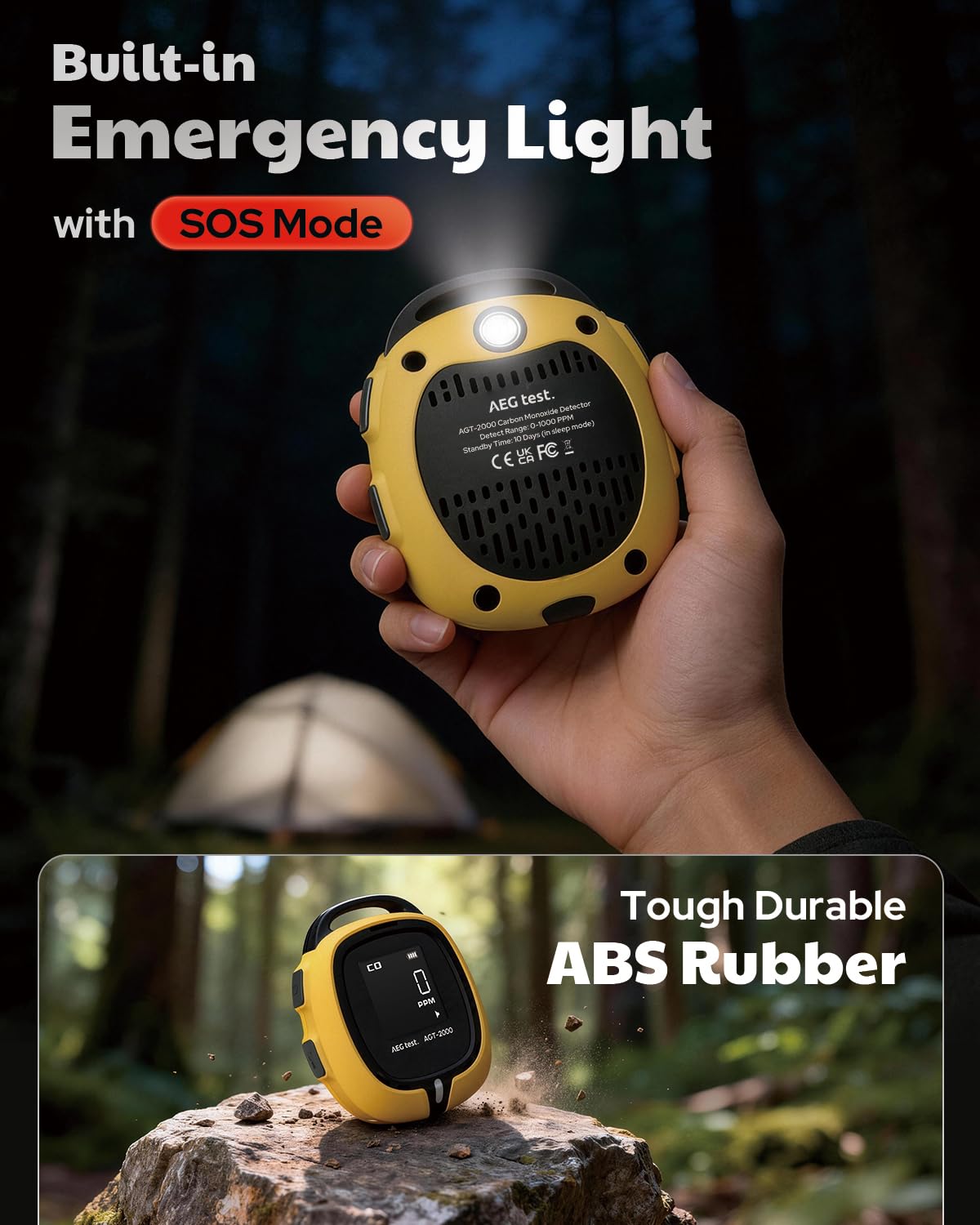 AGT-2000 Portable Carbon Monoxide Detector for Travel, 240H Standby, CO Detector with Audible & Visual Alerts for Camping, Rechargeable CO Meter with Built-in Emergency Flashlight - 5