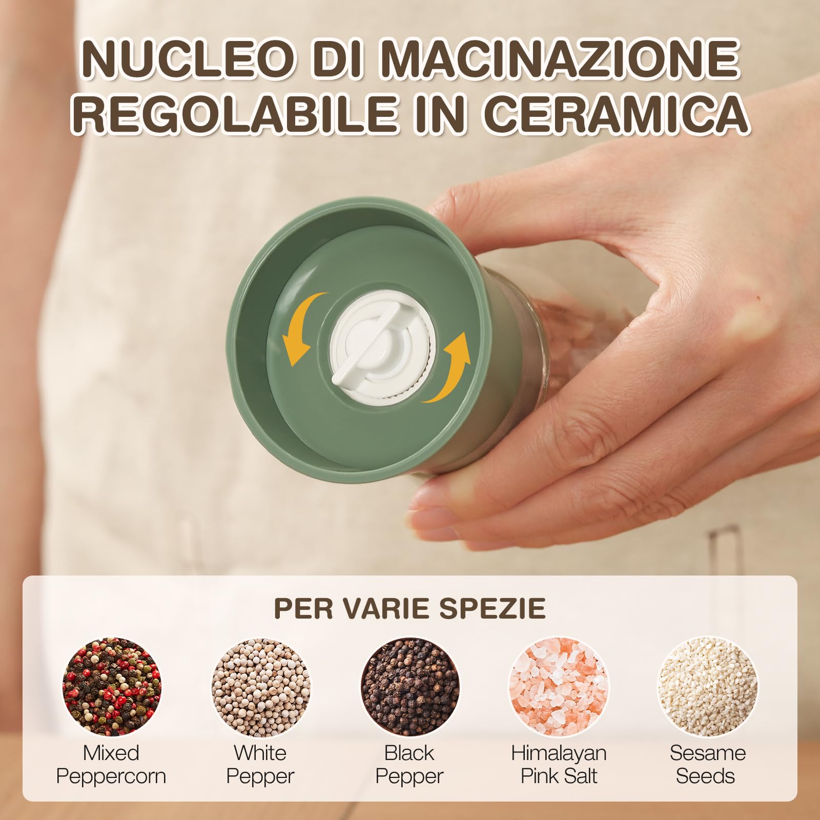 Vucchini Set di macinacaffè sale e pepe, facile da riempire e utilizzare; macinino in ceramica di alta qualità, di grande capacità, ideale per condire alla perfezione con smerigliatrice regolabile,