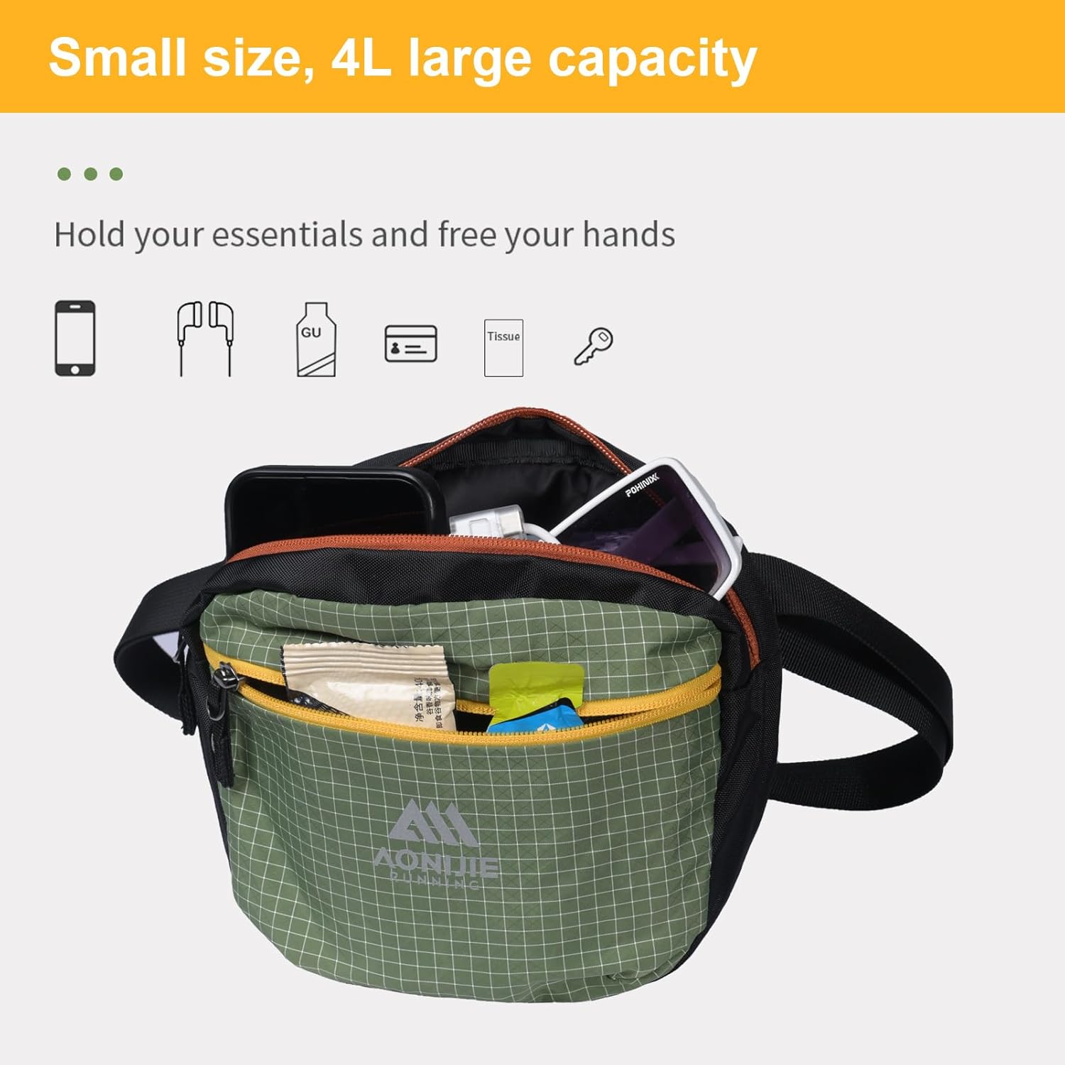 AONIJIE Crossbody Bag for Women Men, 6L Adjustable Sling Waist Pack, Water-Resistant Multi-Pocket Belt Bag for Travel, Hiking, Walking, Everyday Carry - Green