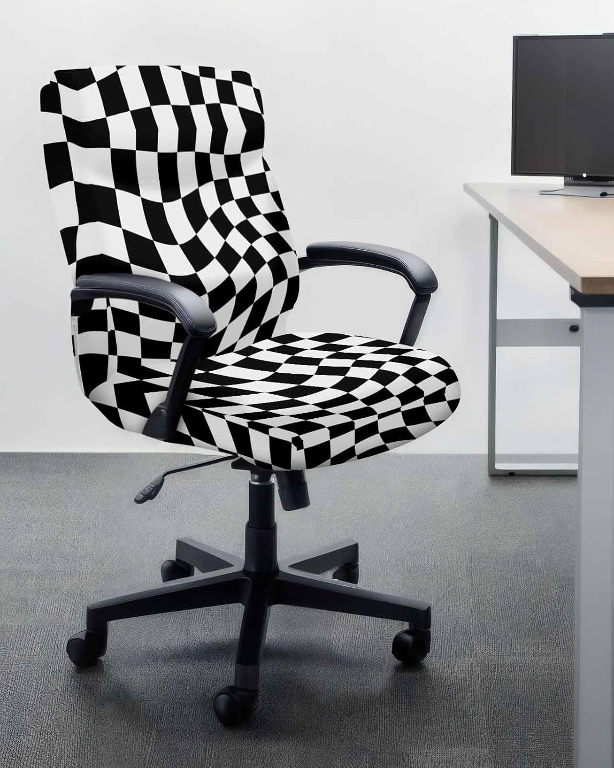 DecorLovee Black and White Checkered Office Chair Covers Stretchable Computer Gaming Chair Cover, Modern Irregular Geometric Universal Desk Chair Covers Rotating Chair Slipcover with Zipper, L