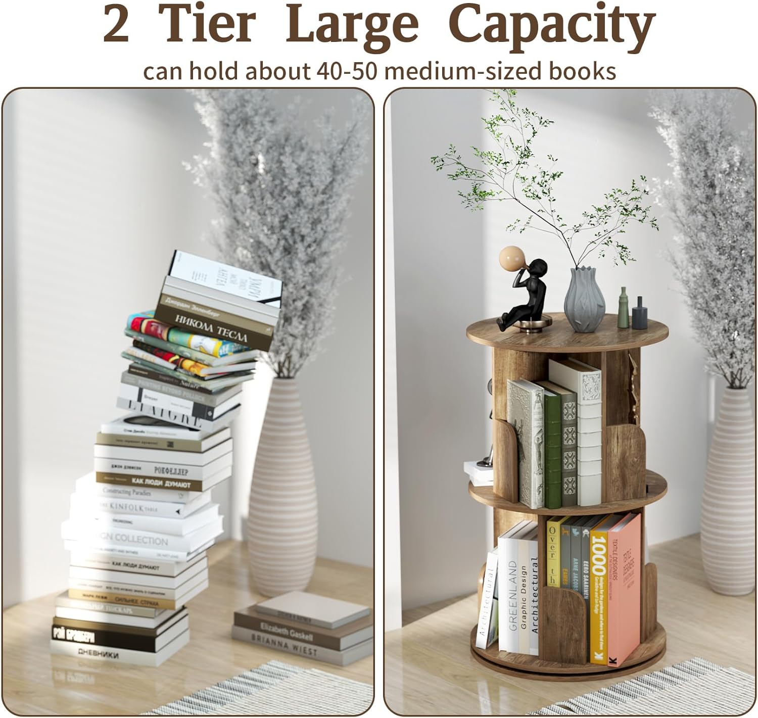 2-Tier Rotating Bookshelf, 360° Display Revolving Bookcase Space-Saving Storage Round Shelf for Corners, Living Room, Bedroom, Office, Kids Room (Light Brown)