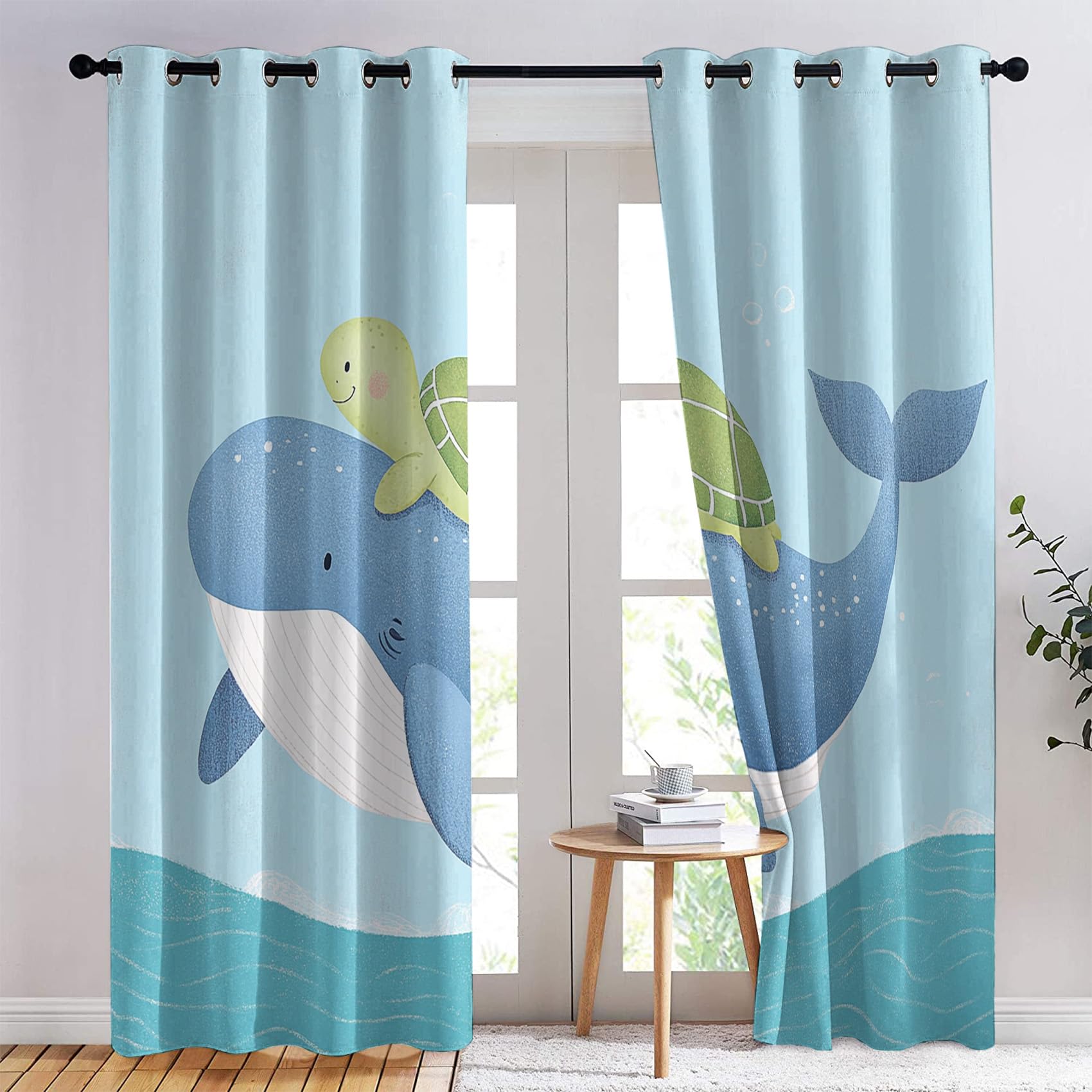 Rideau Occultant Animaux Marins - Décoration Dessin Animé, Rideau Thermique Motif Baleine Tortue, Lot de 2 Rideaux Opaque à Oeillets pour Fenetre Chambre Salon Chambre Enfant, 117x137 cm (LxH)