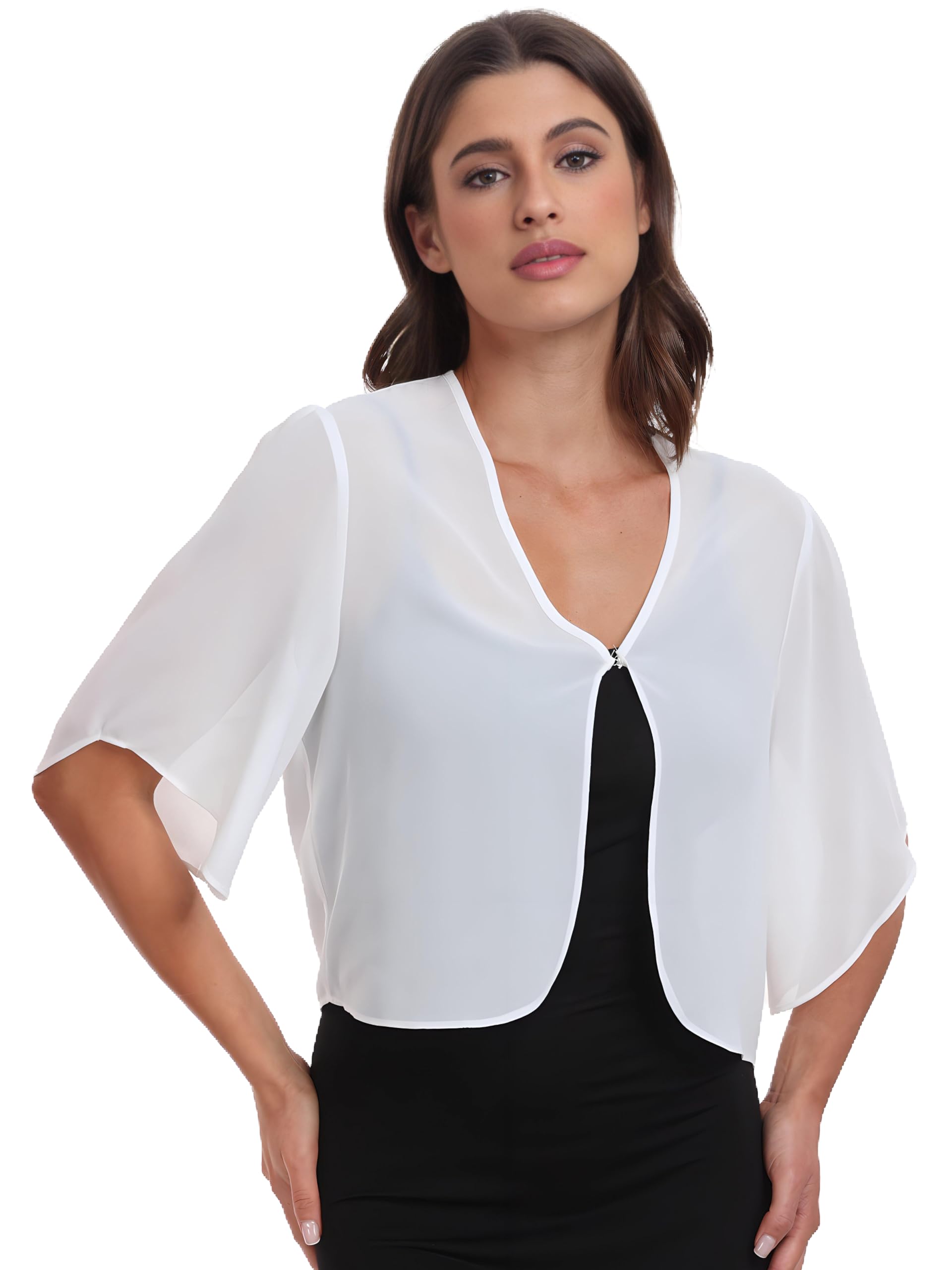 SURVODJA Womens Chiffon Cropped Cardigans Lightweight Sweaters Short Sleeve Bolero Shrugs for Dress, Ivory, XXL