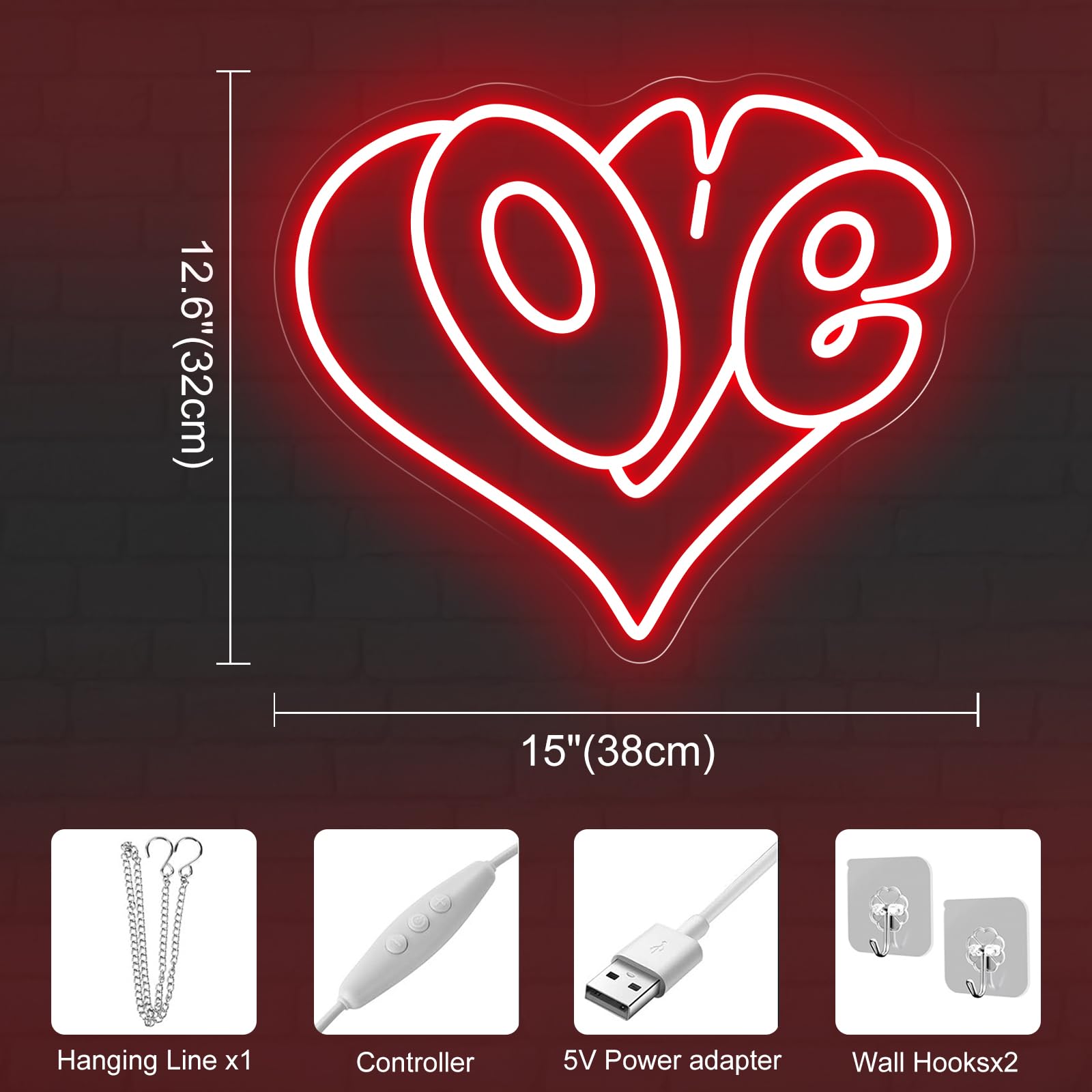 Letrero de neón con forma de corazón de amor, luz LED romántica roja para dormitorio, regalo del día de San Valentín, decoración romántica del hogar, arte de pared para parejas, 15 x 12.6 pulgadas