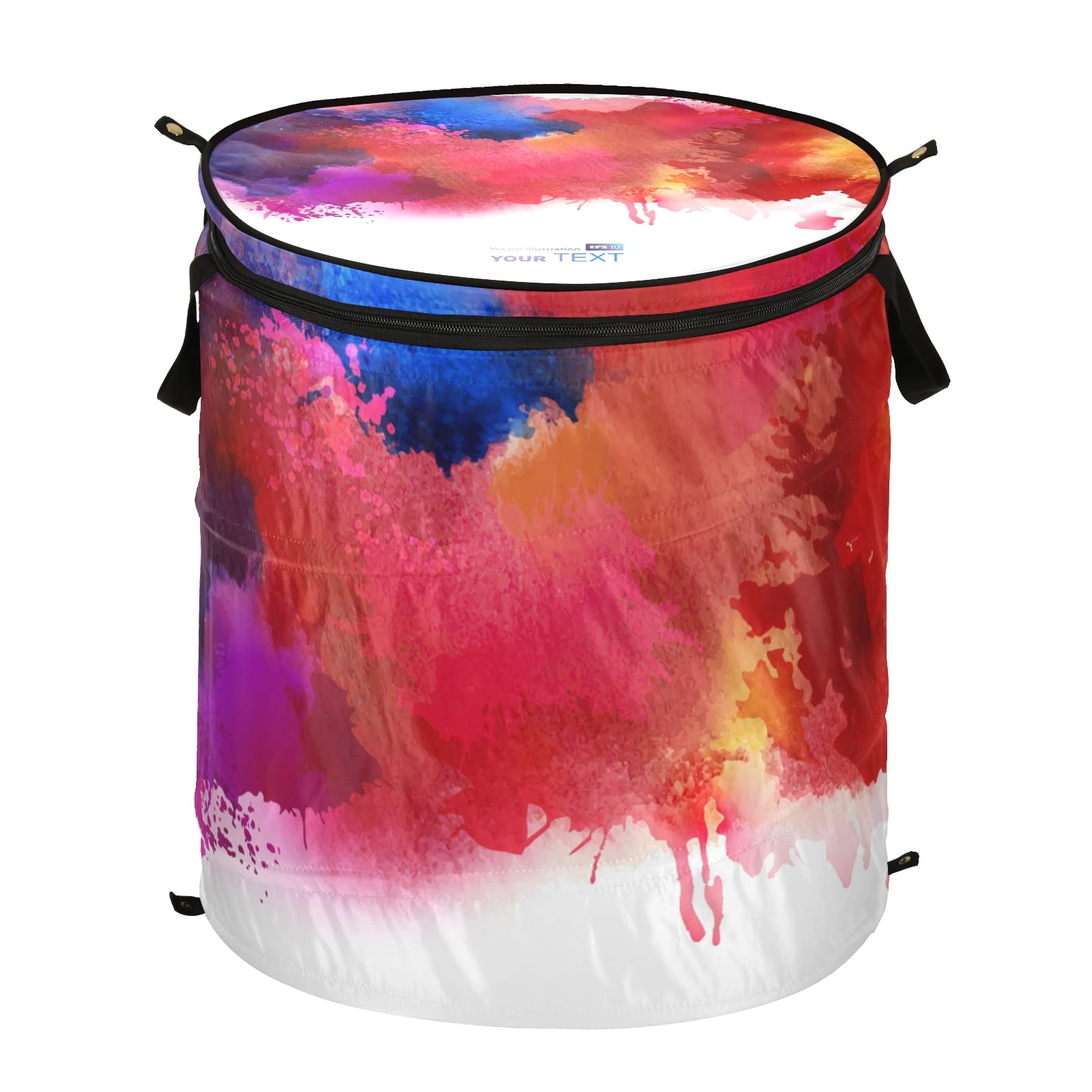 Poeticcity Bright Watercolor Stains Rainbow Color Style Abstract Paint Pop Up Laundry Hamper, Collapsible Dirty Clothes Basket with Zipper Lid, Storage Bag Washing Bin for Room College Dorm Travel