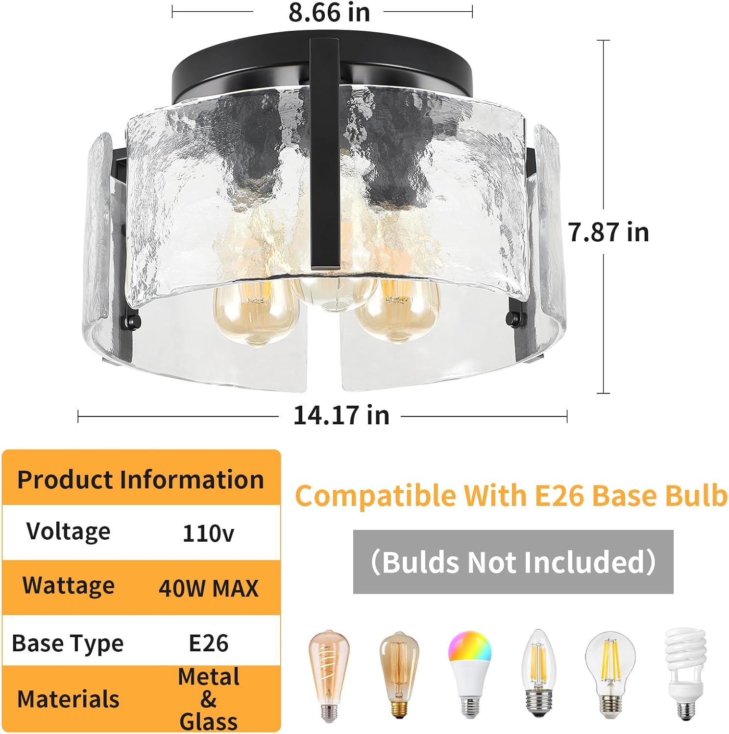 Black Semi Flush Mount Ceiling Light Fixture, 14-Inch Glass Drum Flush Mount Light Farmhouse Modern Lights Kitchen Lighting Fixtures for Foyer Entryway Hallway Laundry Room Bedroom Bathroom