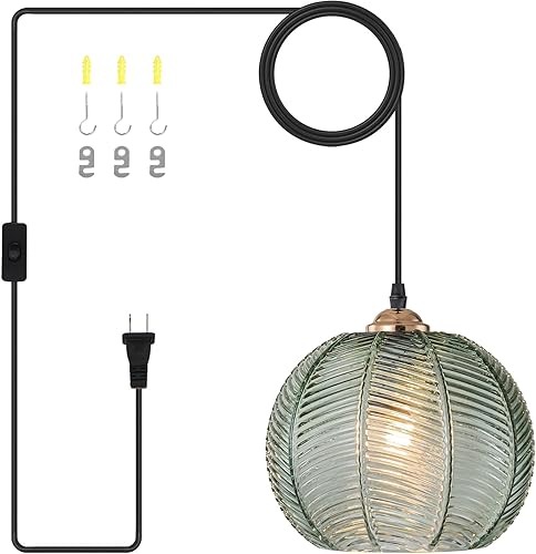 Iluminación colgante enchufable, lámpara colgante de cristal verde de 8.6 pulgadas, lámpara colgante ajustable con cable de enchufe, lámpara