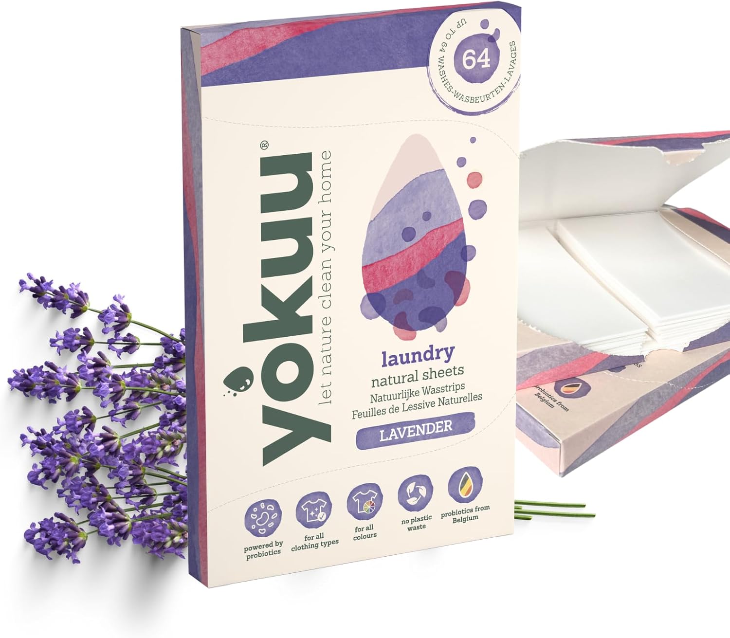 YOKUU Probiotic Laundry Sheets| 64 loads | Lavender Scented | Travel Washing Detergent| Eco Laundry Detergent Sheets