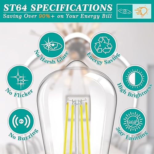 Miniatura 4 de Paquete de 4 bombillas LED Edison ST64 vintage de 8 W, equivalente a 100 W, 1400 lúmenes, 5000 K, luz blanca diurna, bombillas de filamento con base