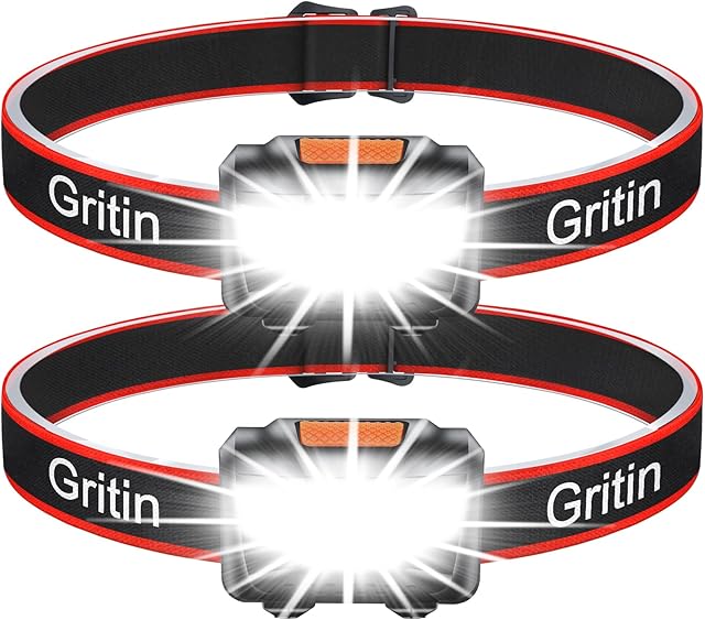 Gritin Latarka czołowa LED, lampa czołowa LED, super jasna, z 3 trybami, wodoszczelna IPX5, lekka mini latarka czołowa do biegania, na kemping, do joggingu, wędkowania, dla dzieci, 2 szt.