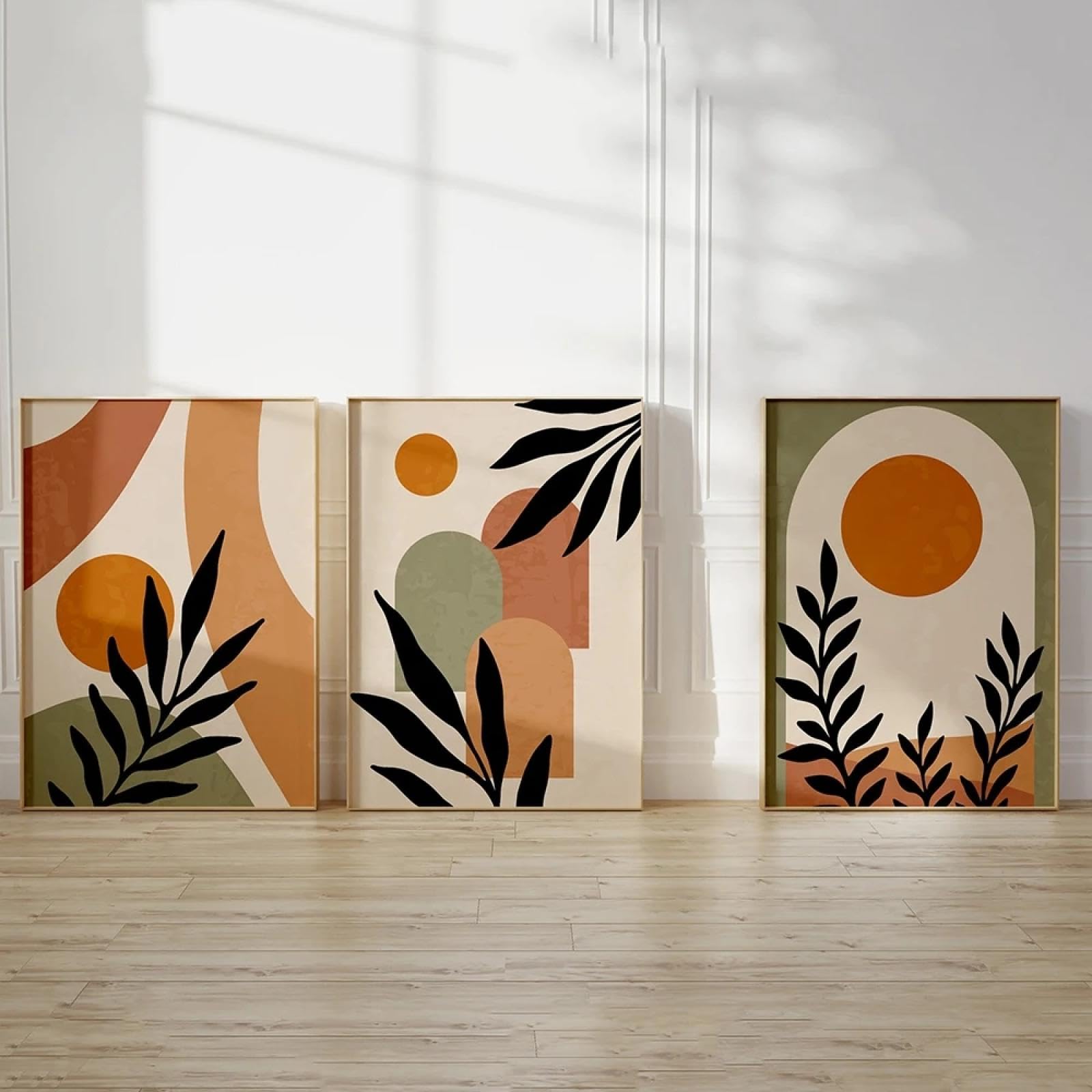 Boho abstracto beige verde terracota hojas geométricas sol carteles lienzo pintura arte de la pared imágenes impresas para la decoración de la sala de estar 20x28in-50x70cmx3 con marco