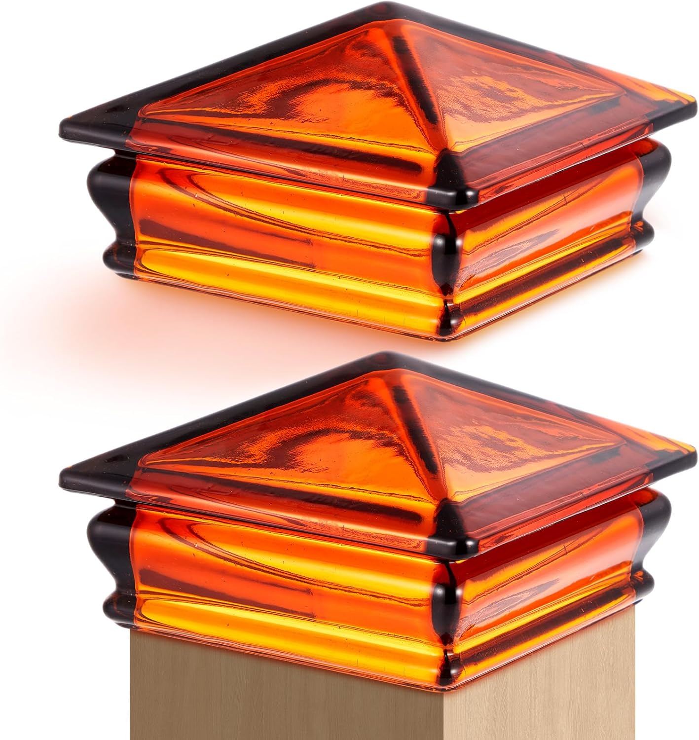 2 Pcs 4''x4'' (Actual 3.5''x3.5'') Glass Pyramid Post Cap, Newel Post Cap Fits 3.5" for Metal Wood Cedar Fence Deck Corridors Mailbox Posts End Cover, Amber