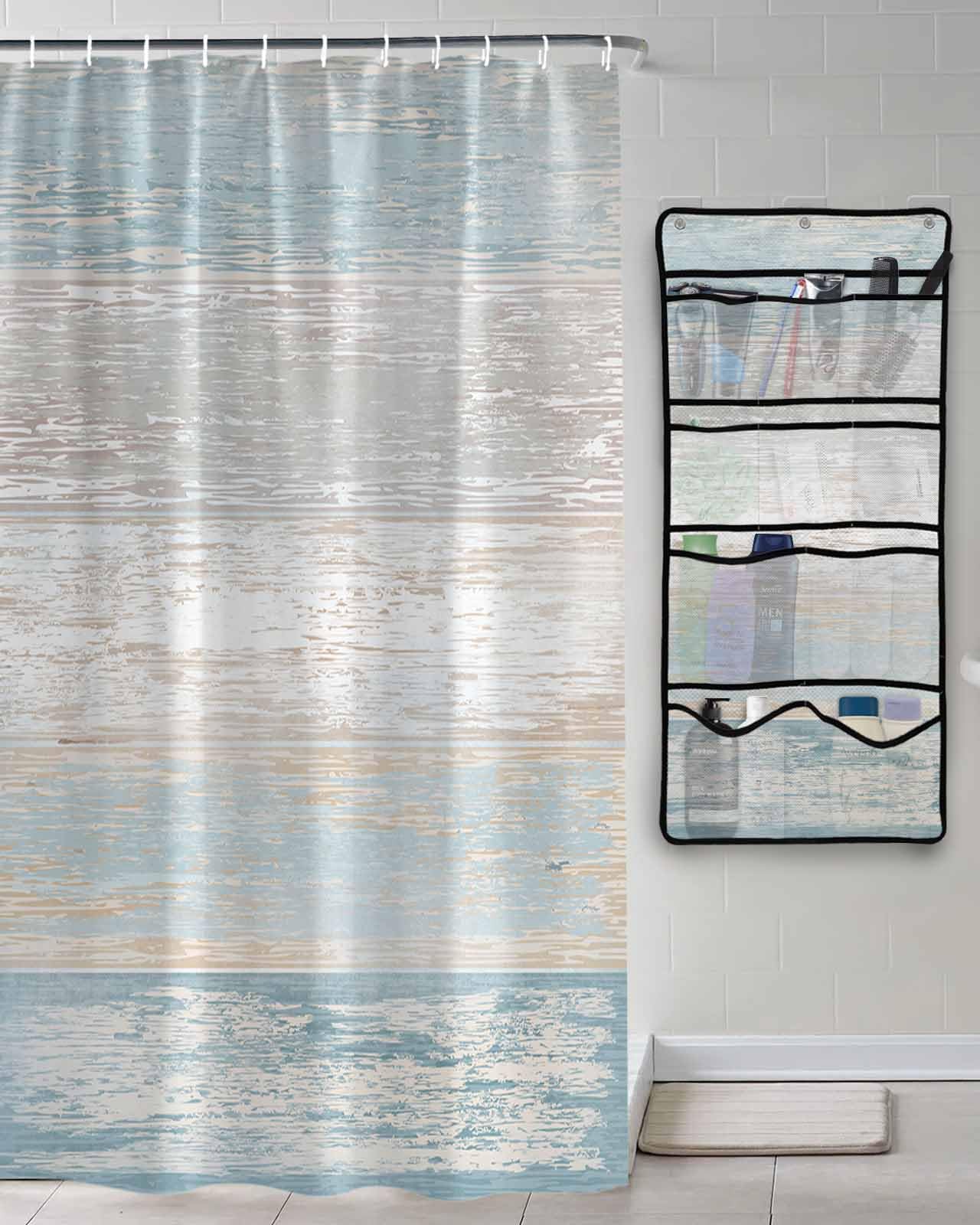 Decorative Shower Curtain Sets Ocean Style Polyester Fabric Waterproof Bath Shower Curtains Vintage Wood Grain Light Blue Mesh