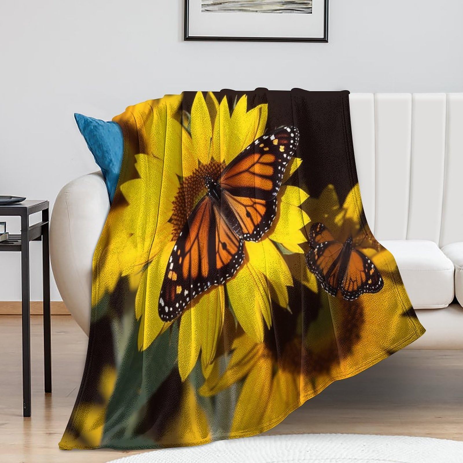 Couverture de lit en peluche papillons et tournesols 150x200 cm