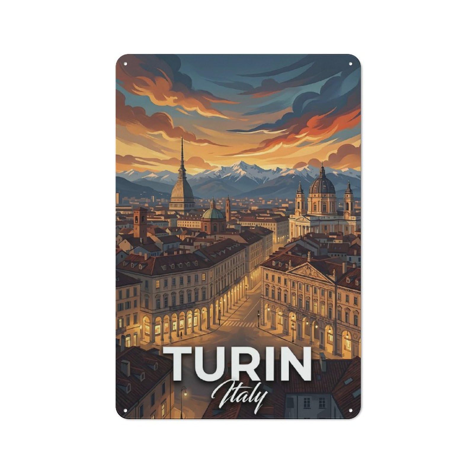 Junmoney Style-10 Metal Plaque 30X20cm With Turin Italy Cityscape At Sunset For Pub Or Café, Vintage Decor, For Metal Sign Collectors, For Vintage Wall Decor Fans