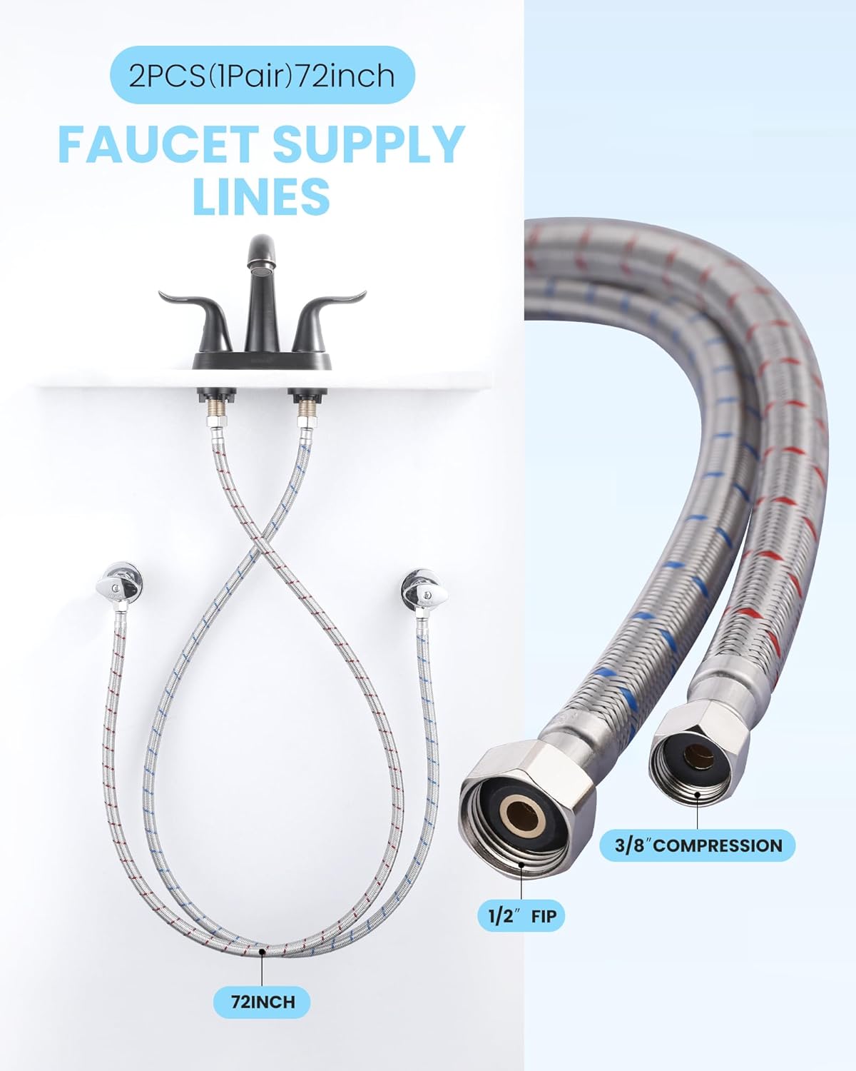72-Inch Faucet Supply Lines: Braided Stainless Steel Flexible Faucet Hose Connector - 3/8" Compression x 1/2" FIP Water Supply Lines for Bathroom Kitchen Sink Hose Extension 2PCS