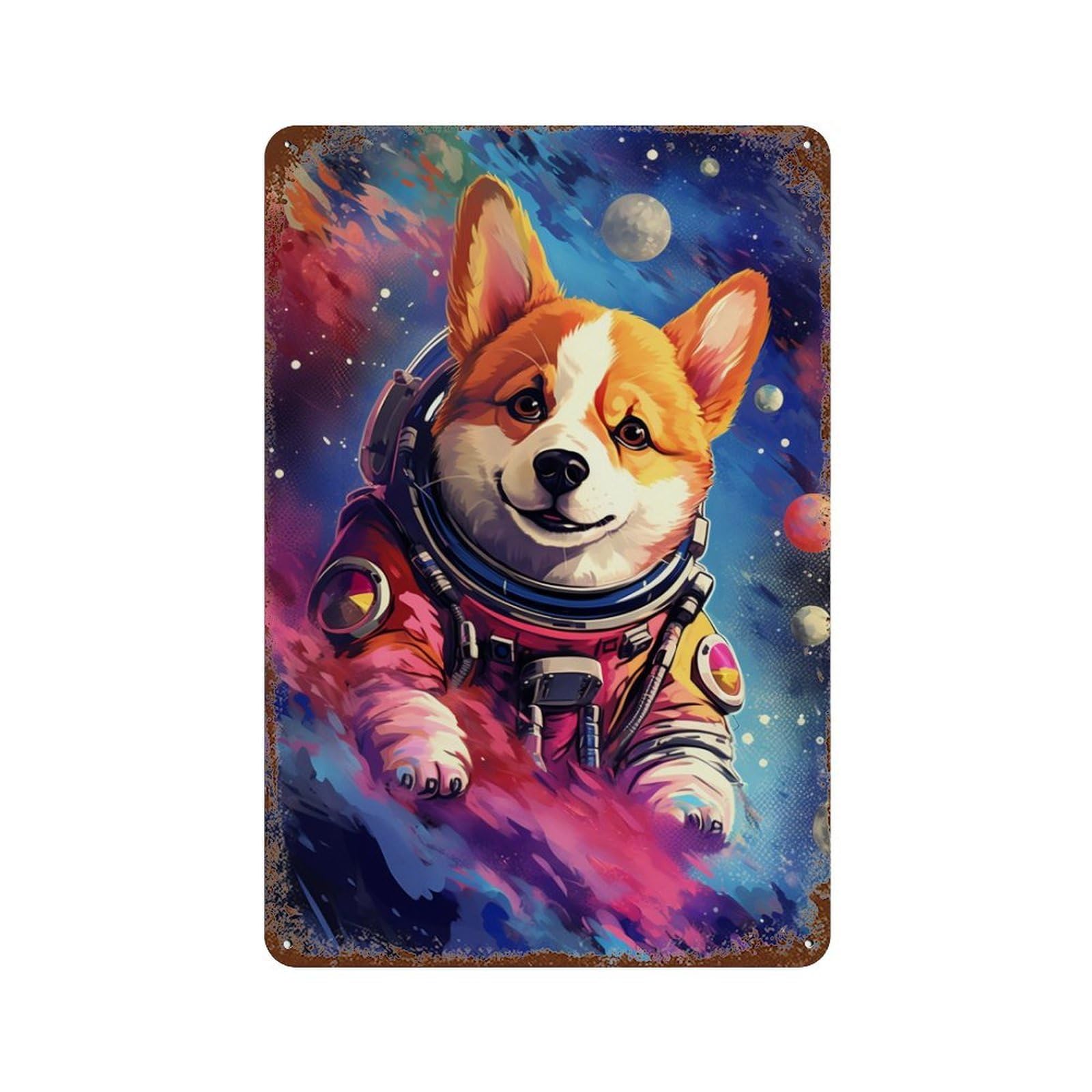 Corgi Astronaut in Space -11 Aged Metal Wall Plaque 11.8"x7.9", for Basement, Hobby Room And Garage Decor, Rustic Home Decor