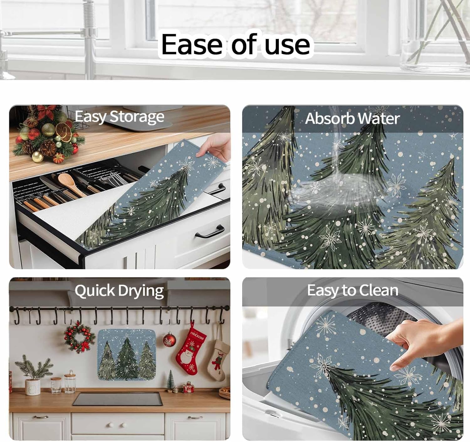 Merry Christmas Green Xmas Pine Trees Dish Drying Mats for Kitchen Counter,Absorbent Microfiber Dish Drainer Rack Mat Winter Snowflake Snow Drying Pad for Sinks,Utensils,Countertops,18x24in