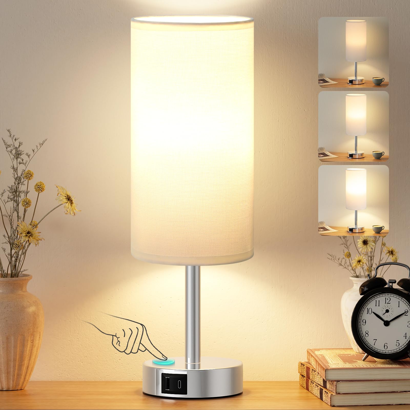 PreeOtti White Bedside Lamp, Small Lamp with for Bedroom/Living Room/Study, Silver Base(Bulb Included)