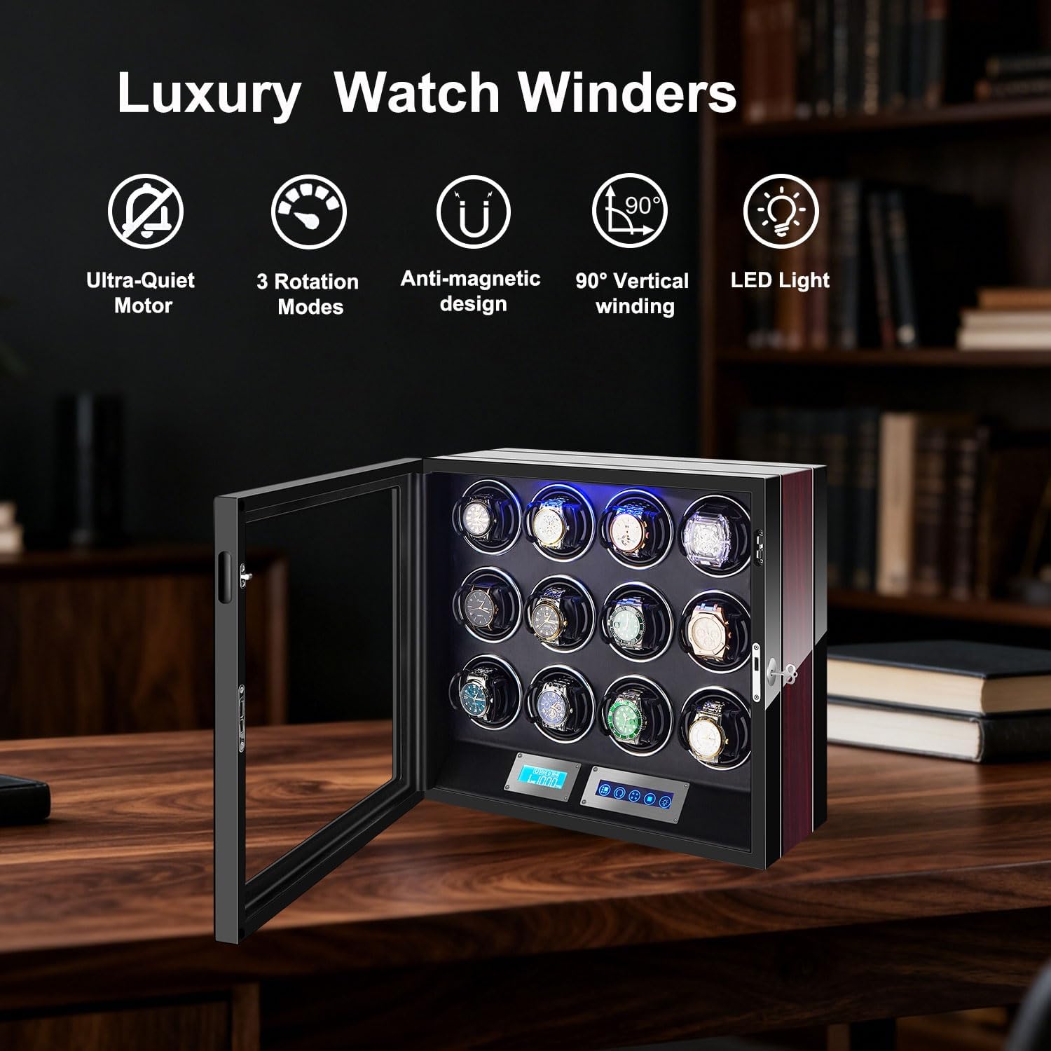 watch winder for 9/12 automatic watches, ultra-quiet motors, built-in led illumination? with lcd display and touch control 12 slot-ebony-mechanical lock