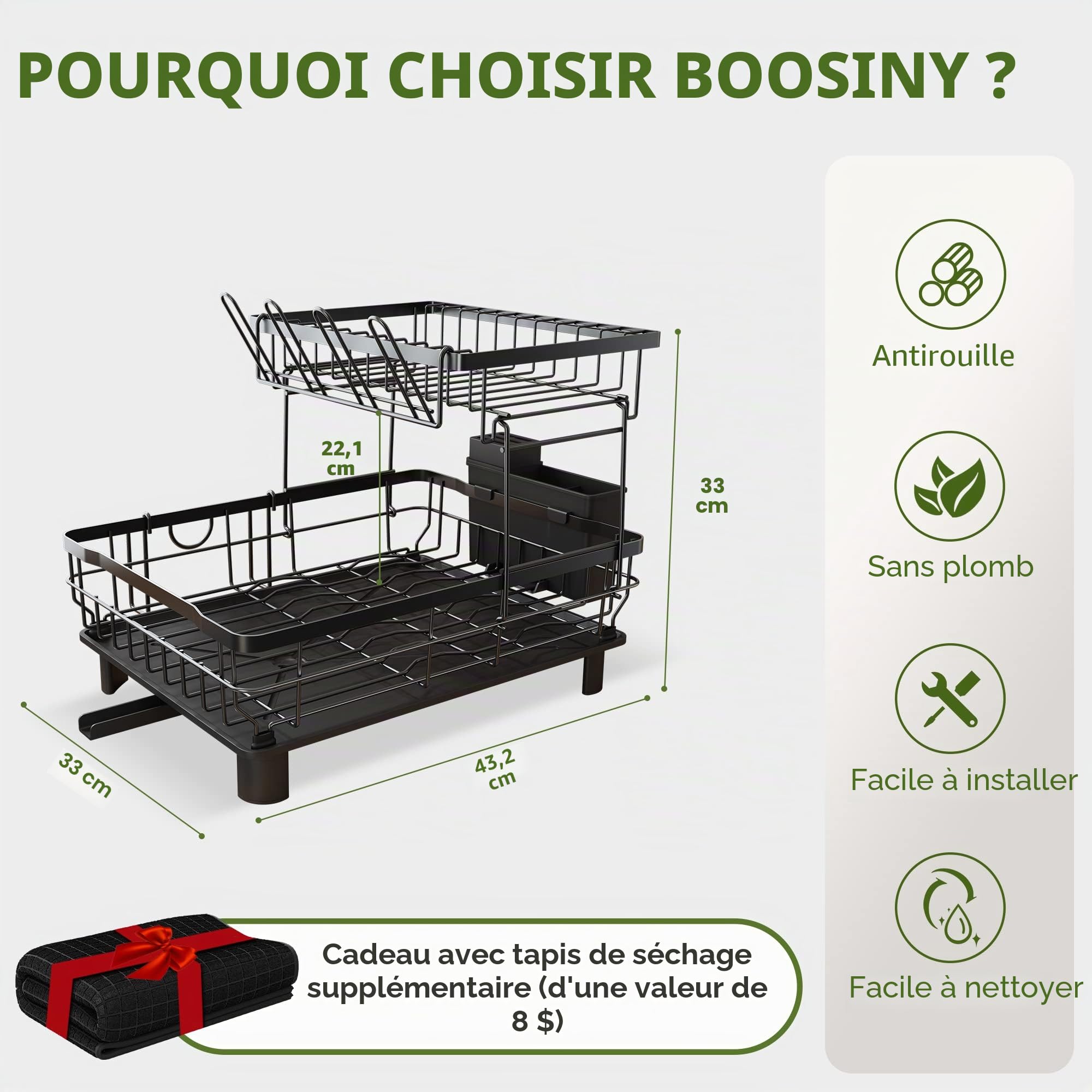 Boosiny Egouttoir Vaisselle, Egoutoire Vaisselle Cuisine en Acier Inoxydable Grand Format avec Porte-Gobelets, Égouttoir à Vaisselle Porte-Ustensiles et Drainage Automatique, Noir, 2 Niveau
