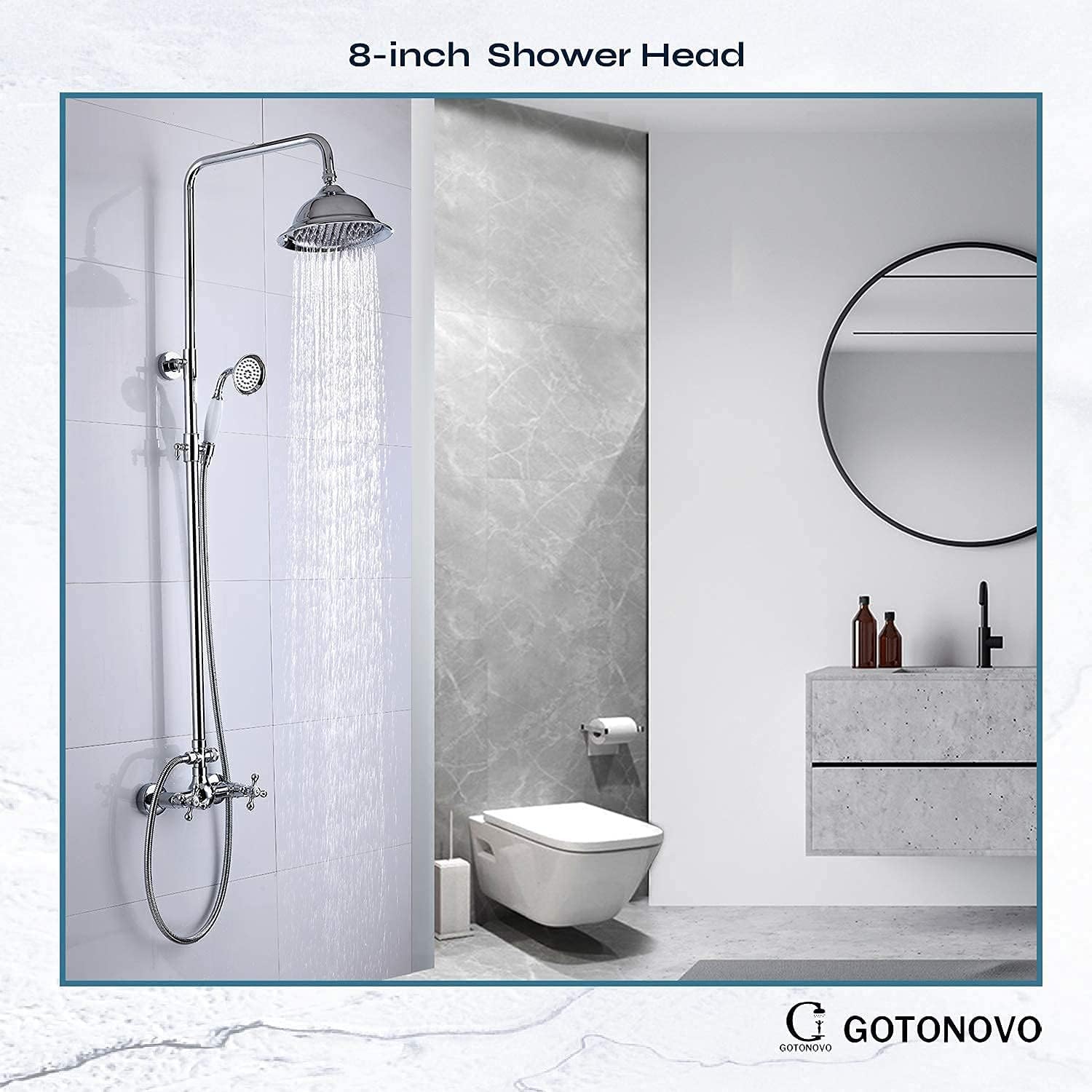 Bathroom Shower Fixture Polish Chrome 8 Inch Wall Mount Handheld Spray 2 Cross Handle Widespread Bathroom Faucet 3 Holes Deck Mounted with Pop Up Drain with Overflow Victorian Style Dual Cross Knobs