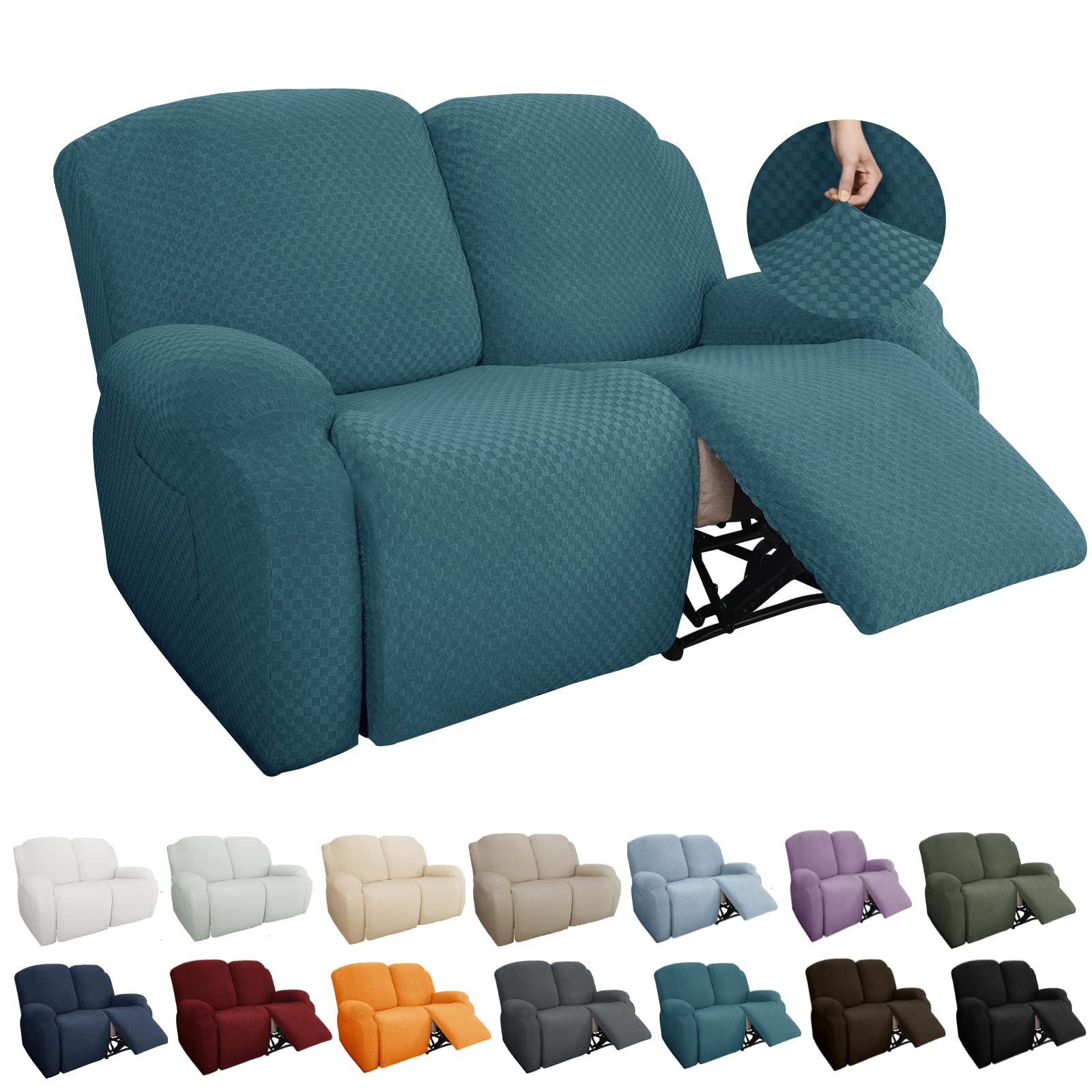 YEMYHOM 6 Pieces Stretch Loveseat Recliner Slipcover Jacquard Recliner Sofa Cover with Side Pocket Fitted Recliner Cover Couch Furniture Protector with Elastic Bottom (Medium, Peacock Blue)