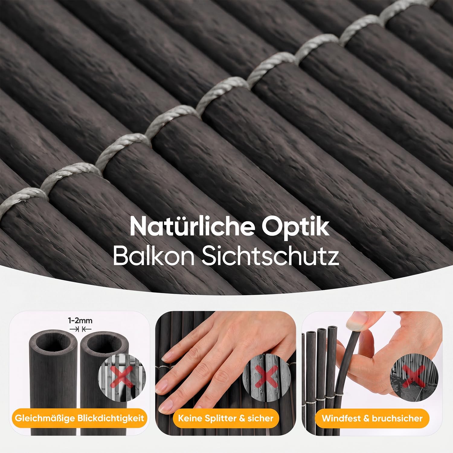 Sekey Balkon Sichtschutz Natürliche Optik 90x300cm, Sichtschutzmatte mit Kabelbindern, Sichtschutzzaun Windschutz Wasserdicht Schimmelfrei Ohne Bohren für Balkon Garten, Holz-Optik, Dunkelgrau