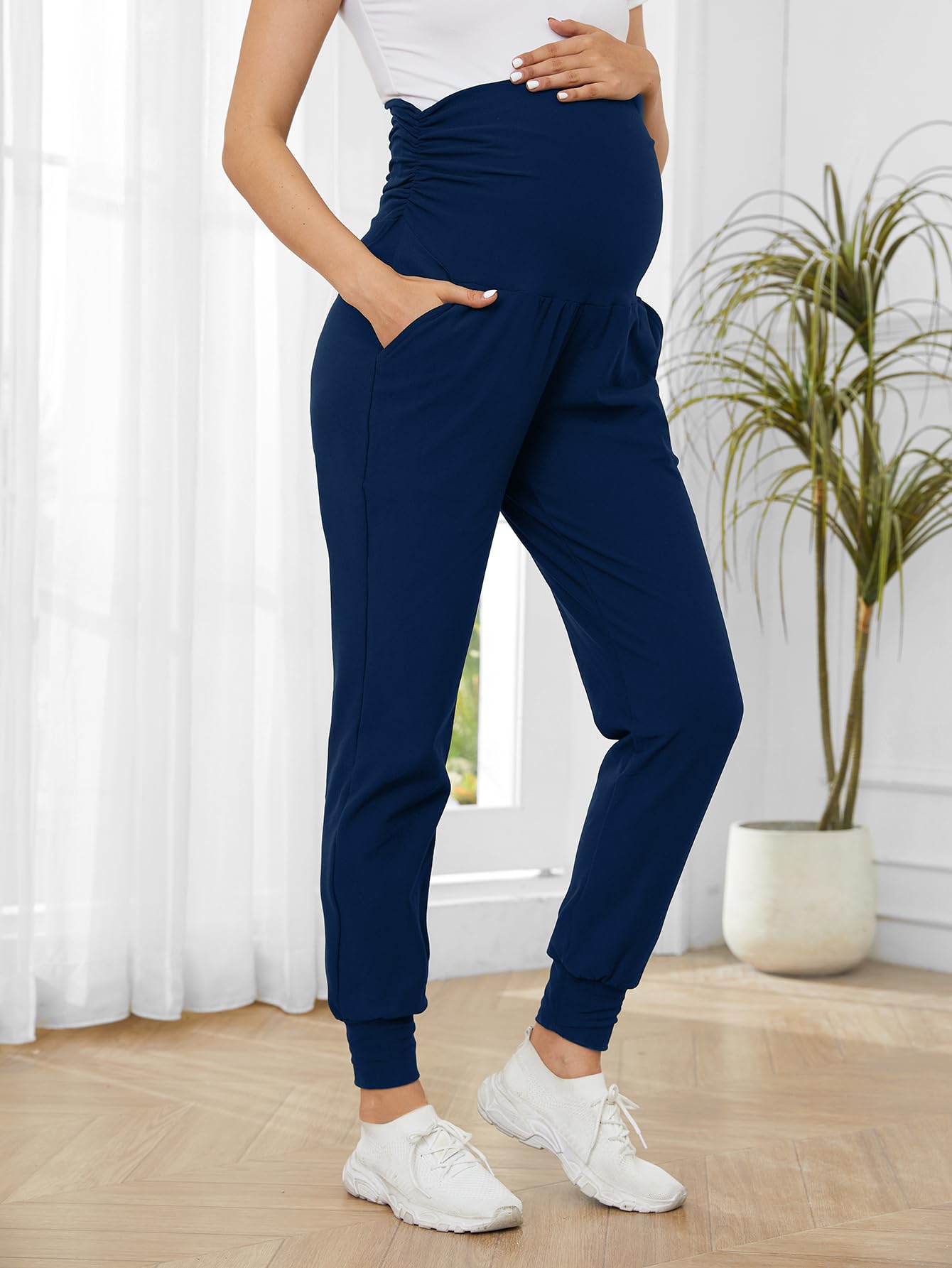 PARNIXS Umstandsmode Zweiteiliges Set Basic Stretch-Design mit Taschen Weiche Leggings für aktive Mütter Yogahosen – Ganzjährig tragbar
