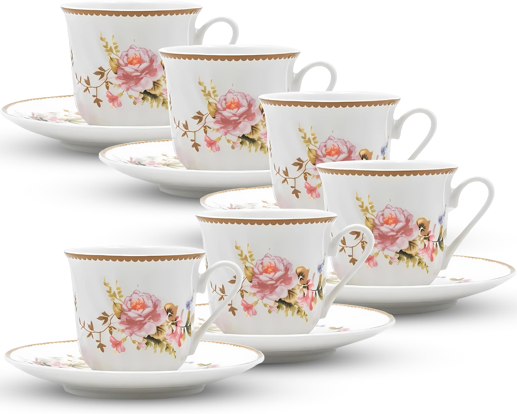 Lynns Timeless Rose Porcelain Tea Cup and Saucer with Gold Trim, Set of 6; Vintage Floral