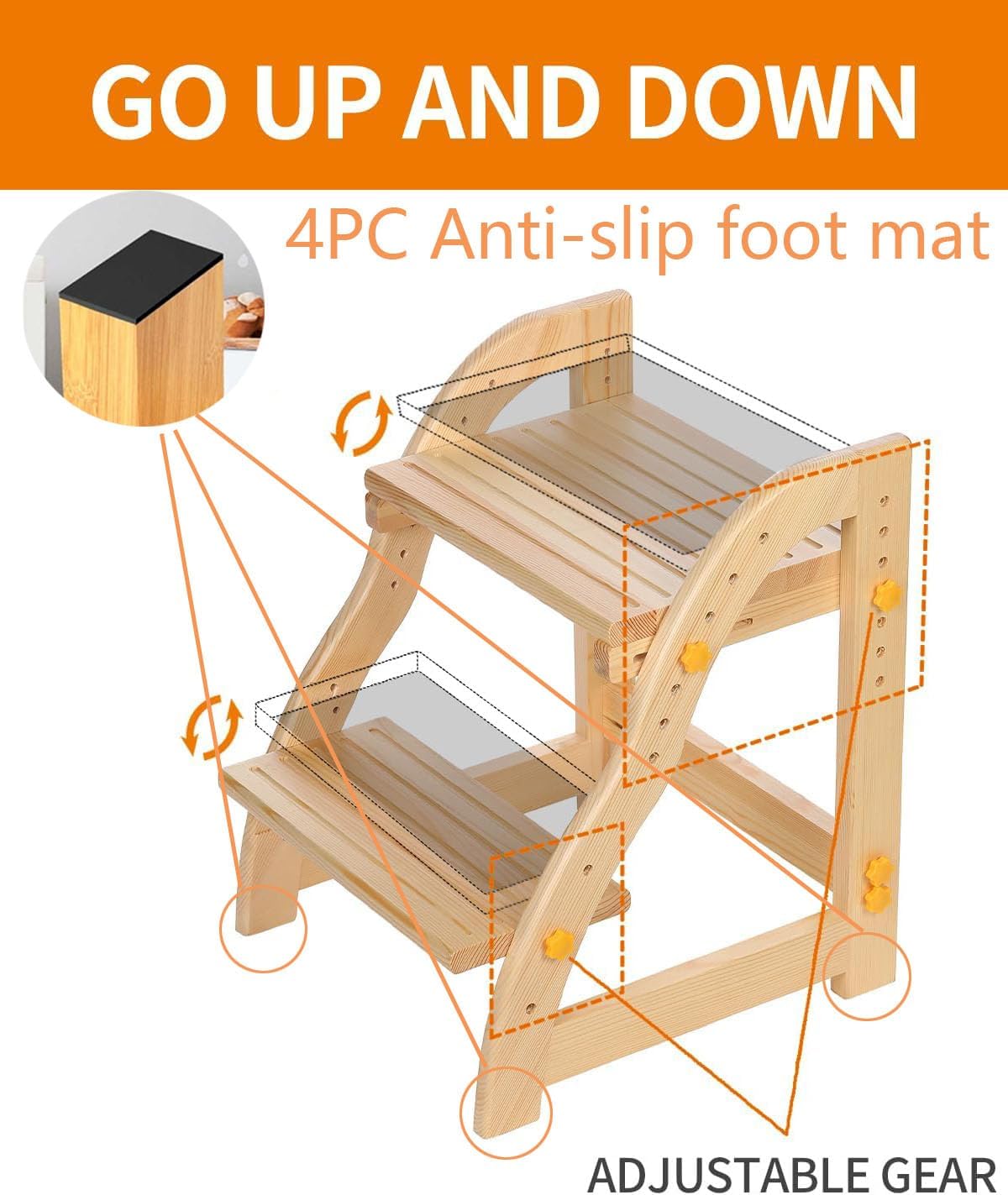 Toddler Wooden Step Stool, Solid Pine Adjustable 2-Step Stool for Kids with 300 lbs Capacity, Sturdy Non-Slip Potty Training Stool for Bathroom & Kitchen