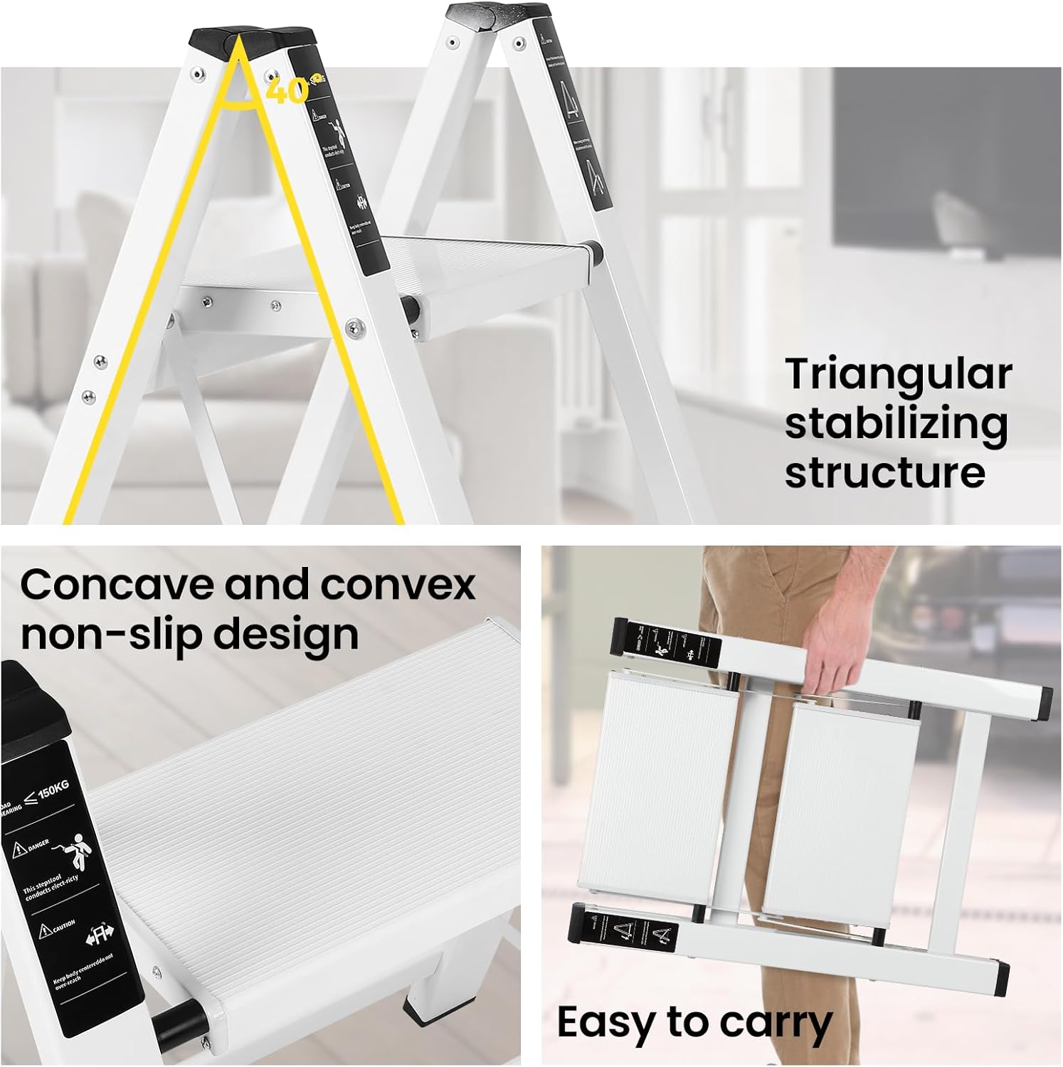 FAHKNS White 2 Step Ladder, Aluminum Light Folding 2 Step Stool with Non-Slip Wide Pedal (7.9Inch), 330Lbs Capacity Stepping Stool for Office,Household,Kitchen
