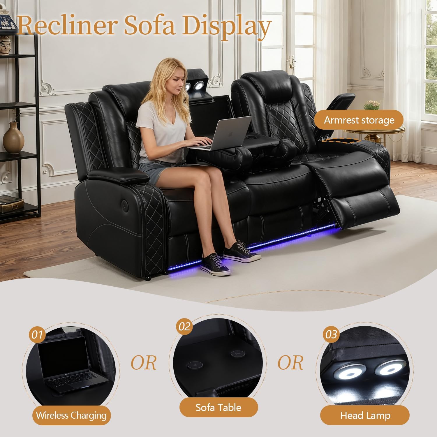 Power Leather Recliner Sofa Set with LED Light,Reclining Couch Set with USB Charger/Cup Holder/Storage,Leather Couch for Living Room Furniture Sets(3+2+1 Seats,Black)