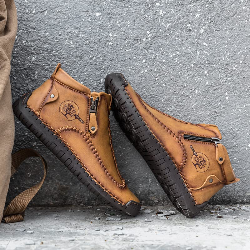 Image of men's casual outdoor short boots - hand sewn classic boots with fashionable side zipper decoration, perfect for outdoor enthusiasts and activities