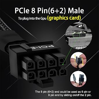 YEZriler 8 Pin PCIe Cable for EVGA Power Supply, PCIe 8 Pin Male to (6+2) Male PCI Express Power Adapter Sleeved 25-inch (63cm)