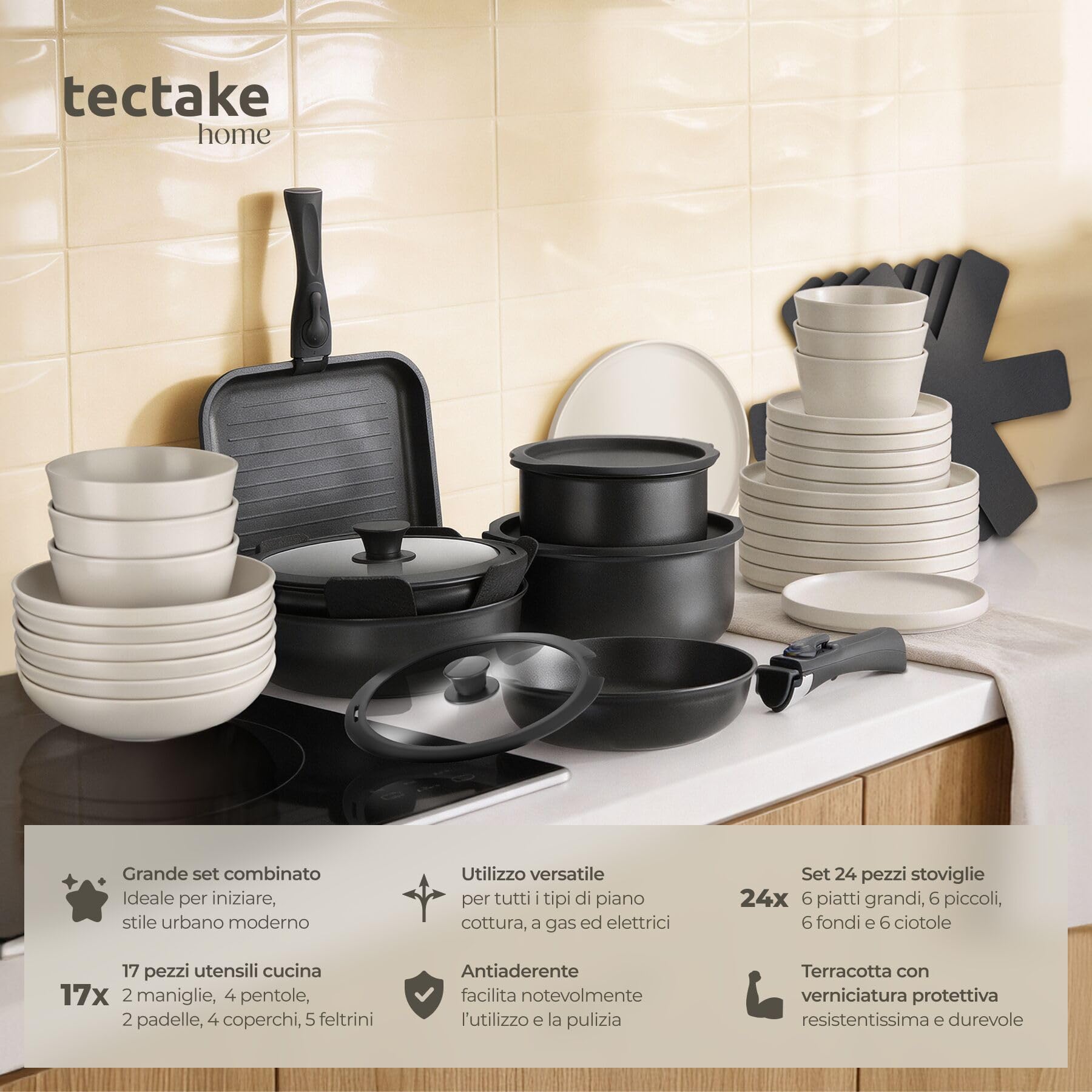 tectake® Set cucina x 6 persone 41 pezzi, stoviglie e pentole, 24 pcs tra piatti e ciotole, x microonde e lavastoviglie, 17 pcs tra padelle, grill, coperchi pentole manici removibili - Nero/Tortora