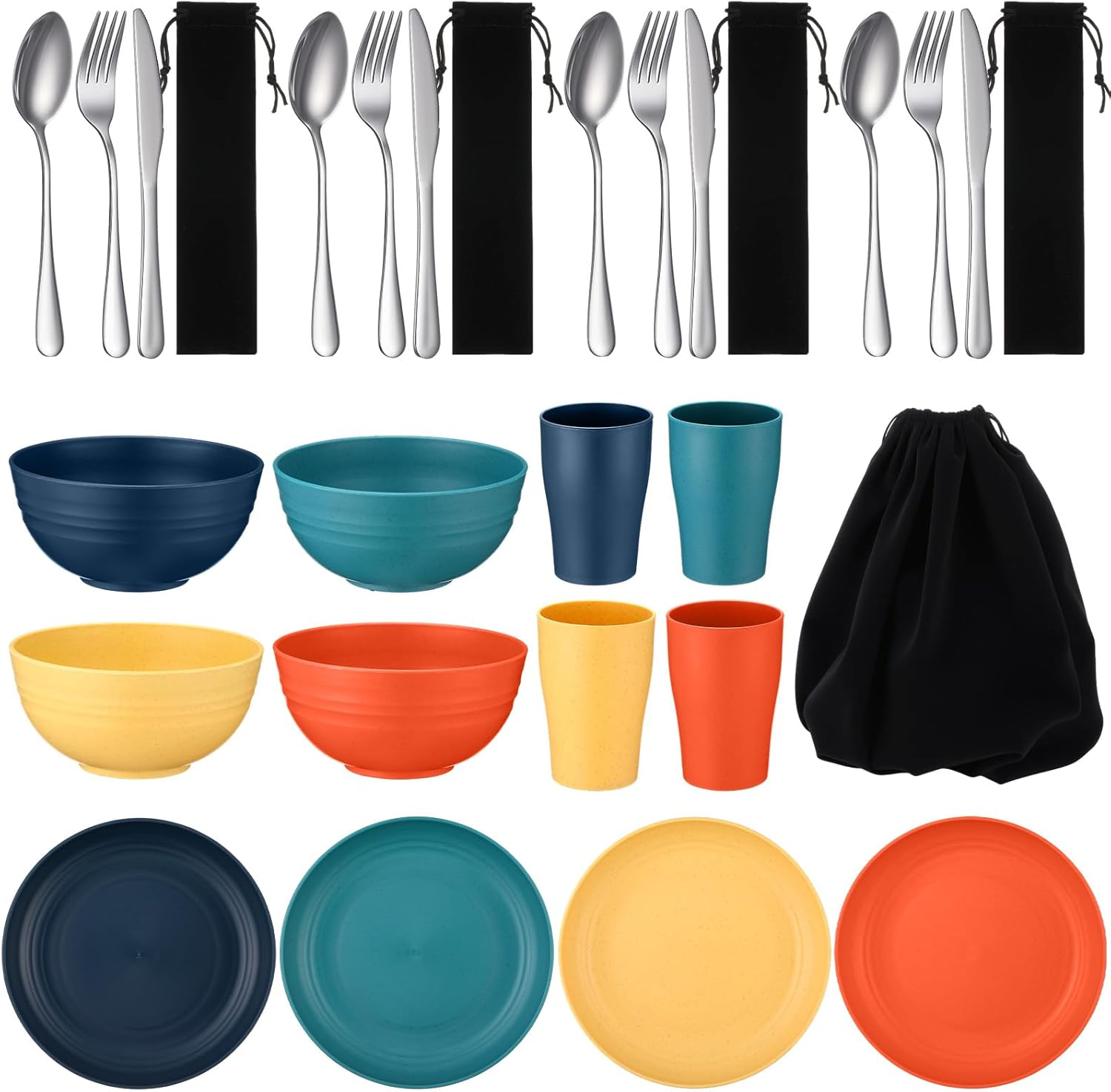 Teenyyou 4 Sets Camping Mess Kits for 4 Person Camping Silverware Set Include Cup, Bowl, Plate, Knife, Spoon, Fork Cutlery Set Unbreakable Wheat Straw Dinnerware Utensils for Travel